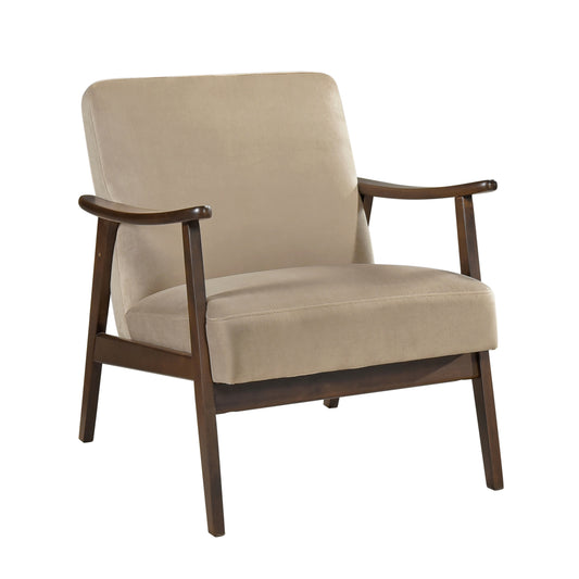 TREATLIFE HOME Mid-Century Modern Accent Chair Light Brown Velvet Upholstery Dark Walnut Finish Wood, Comfortable and Stylish
