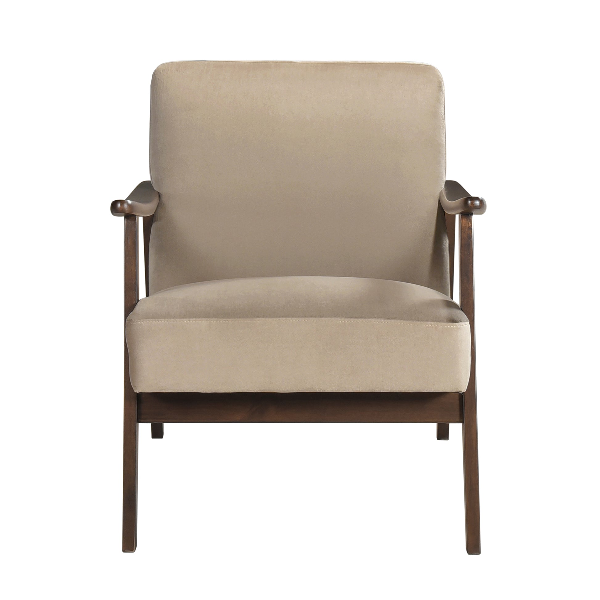 Comfortable accent chair in soft beige fabric with dark wood frame and arms perfect for living rooms