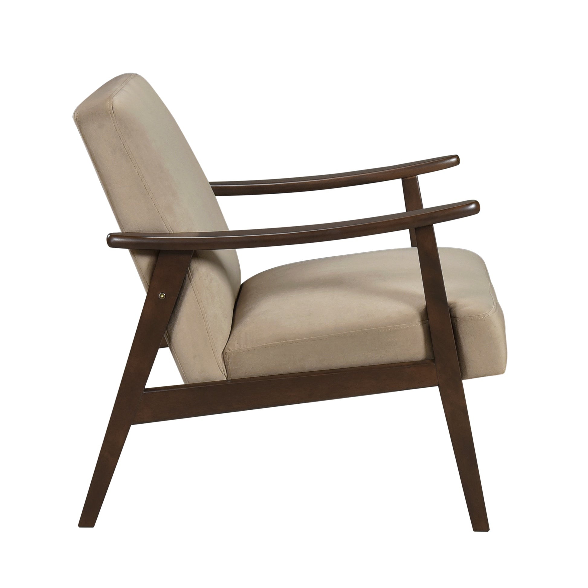 Beige upholstered armchair with dark wood frame and arms midcentury modern accent chair