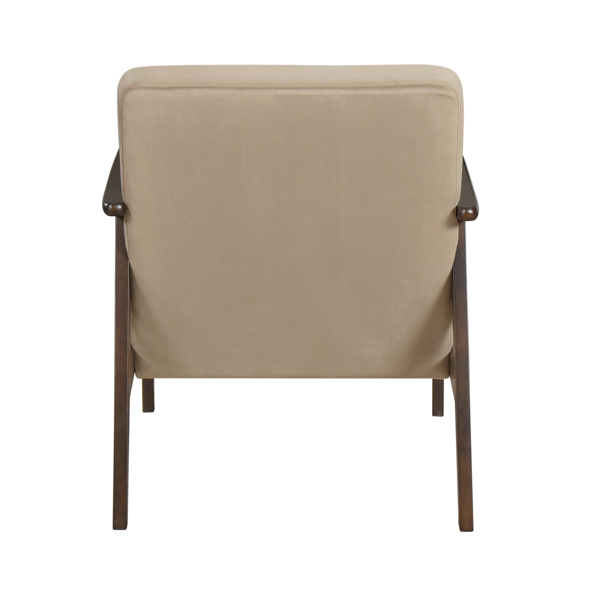 Back view of a beige fabric accent chair with dark wood frame