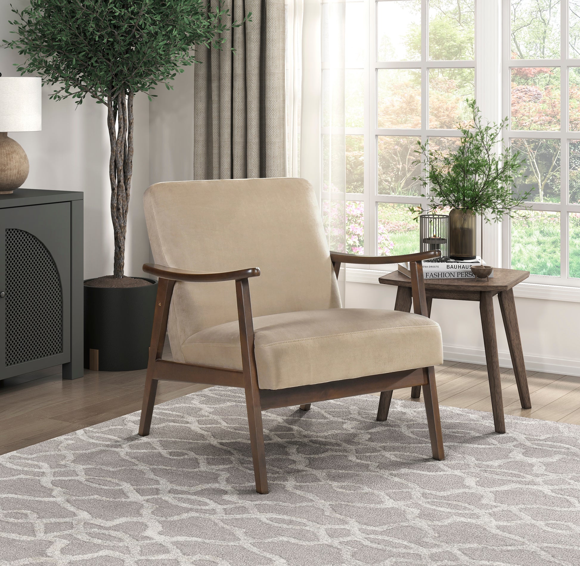 Cream velvet accent chair with wooden frame and armrests