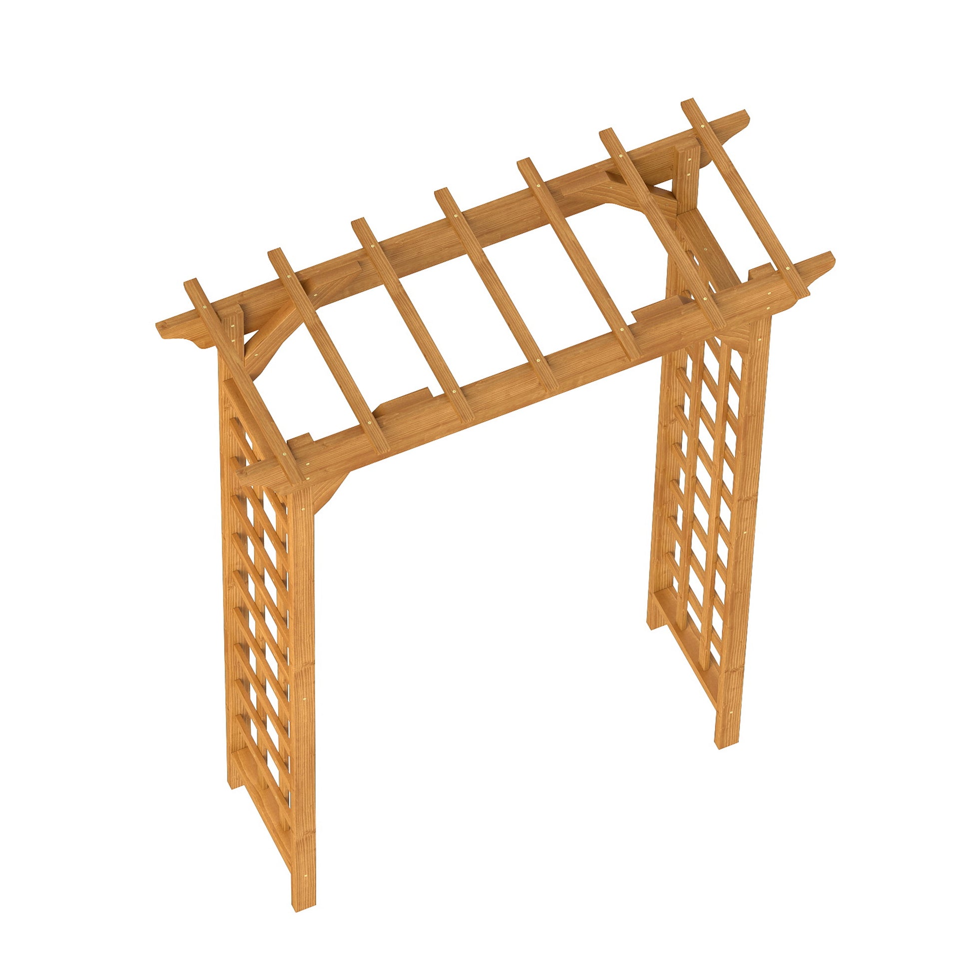 Wooden garden arbor with lattice sides and a slatted roof perfect for framing a pathway