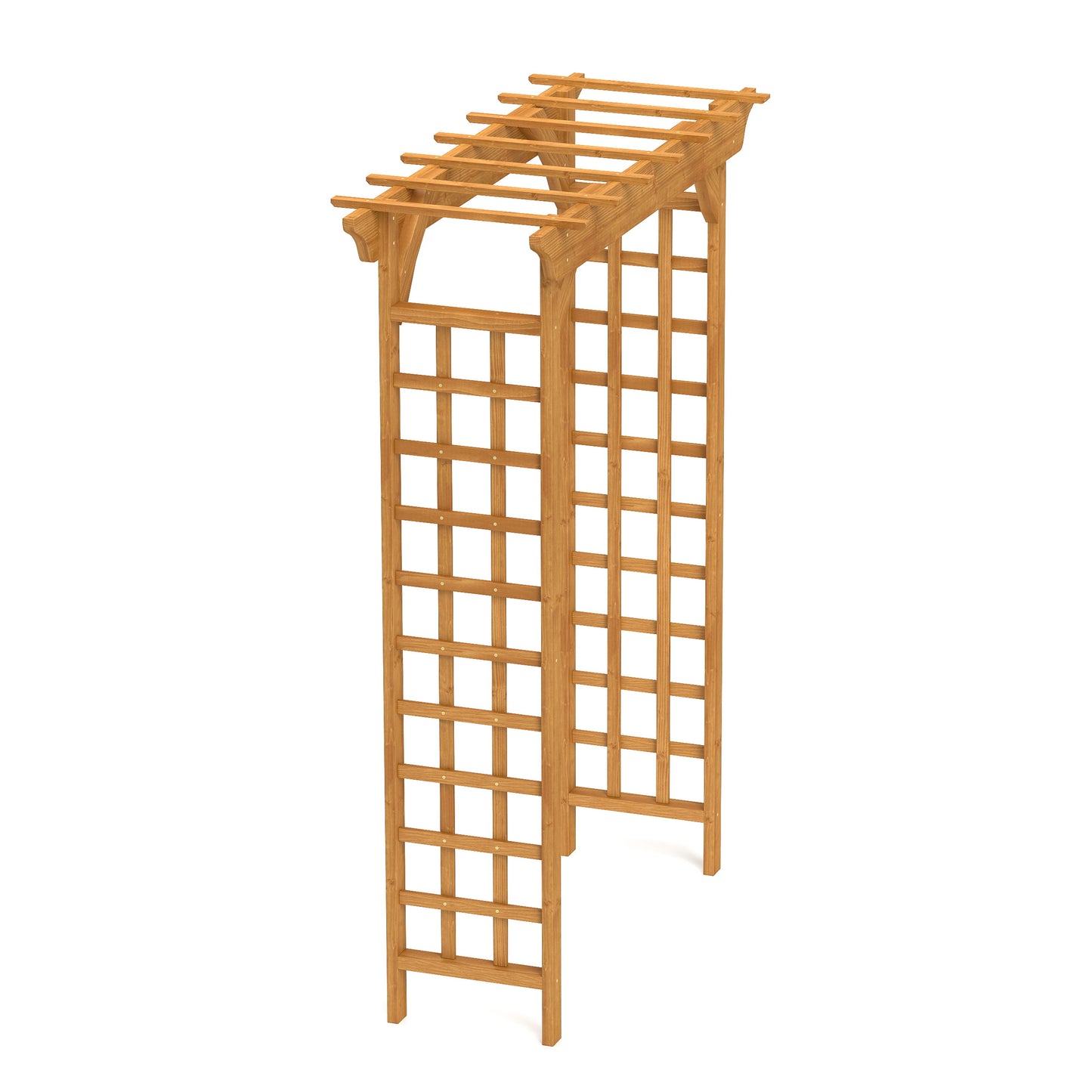 Natural wood garden arbor with an arched top and lattice sides for climbing plants