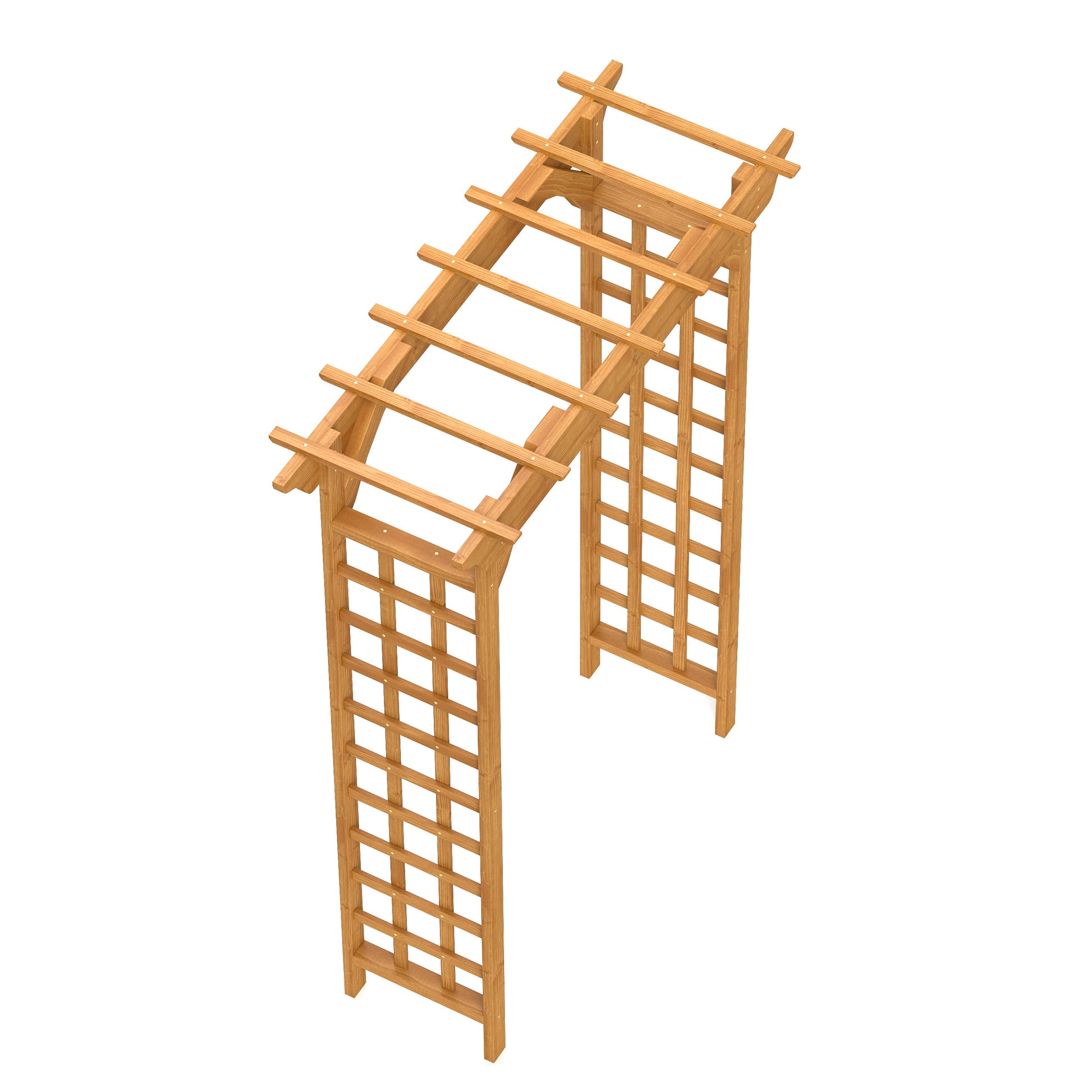 Wooden garden arch with lattice sides and peaked top for climbing plants