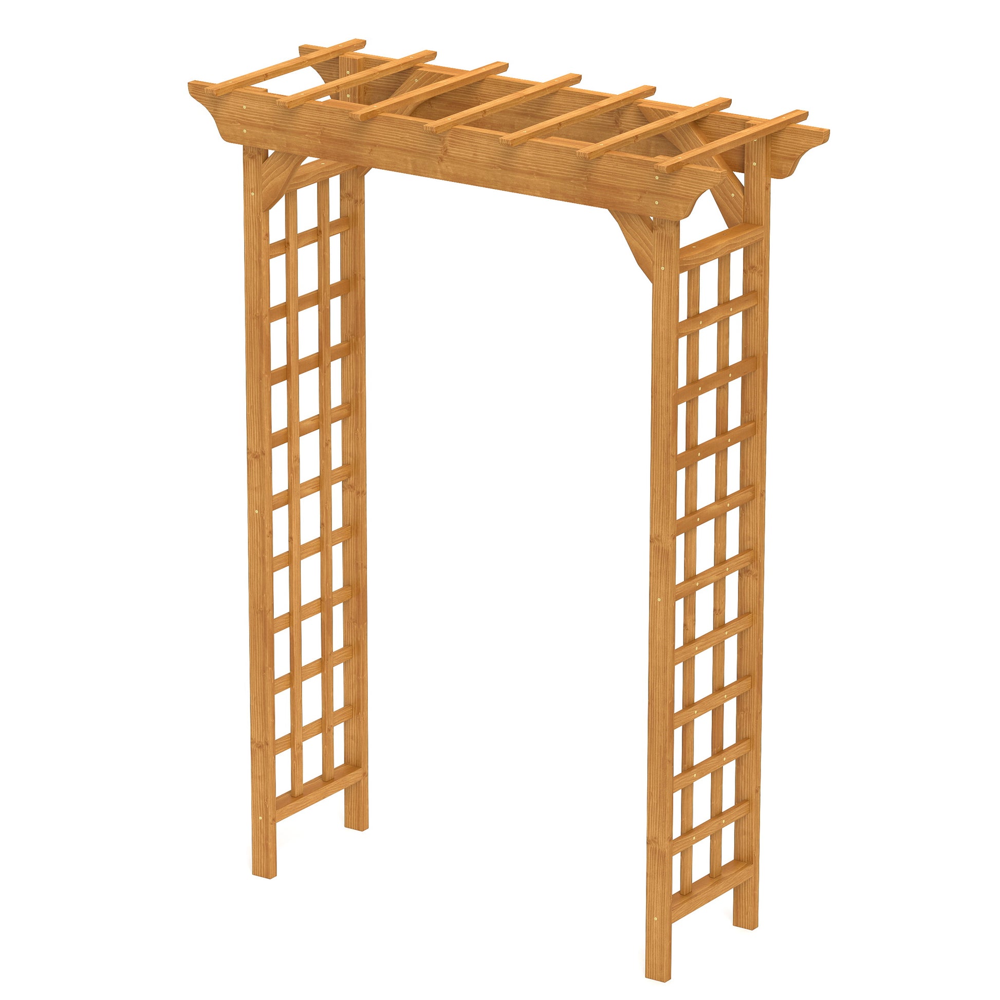 Wooden garden arch with lattice sides and slatted top ideal for outdoor weddings