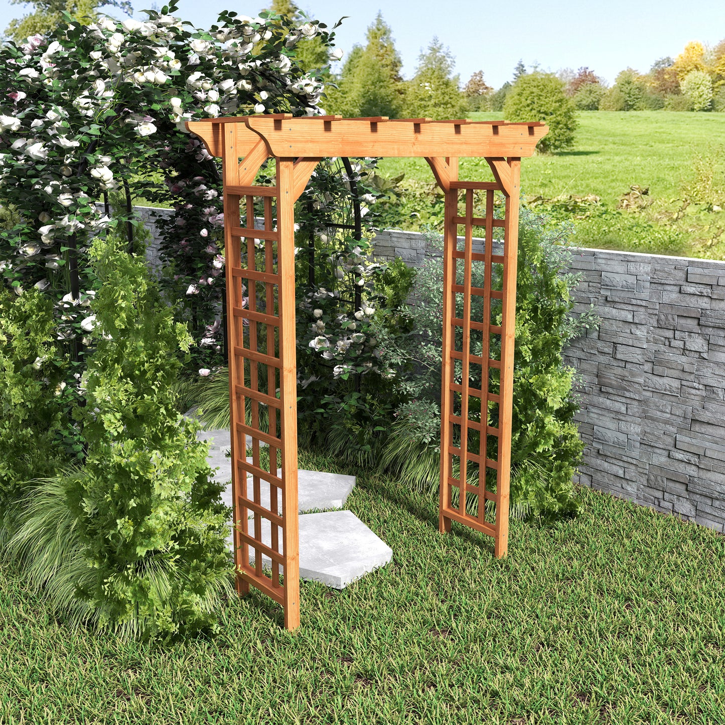 Natural wood garden arbor with lattice sides framing white roses and lush greenery for outdoor decor