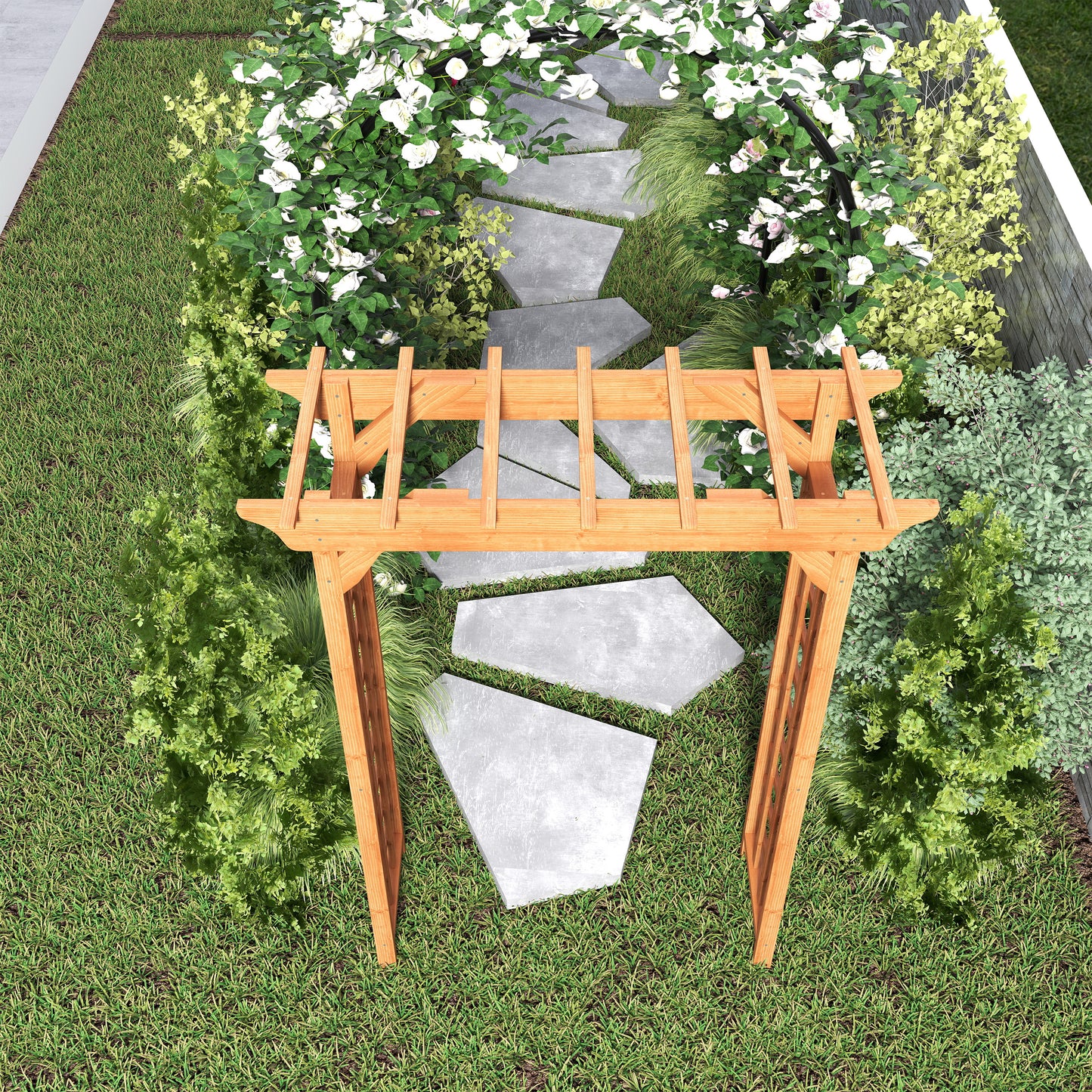 Wooden garden pergola arch with white roses and stone pathway