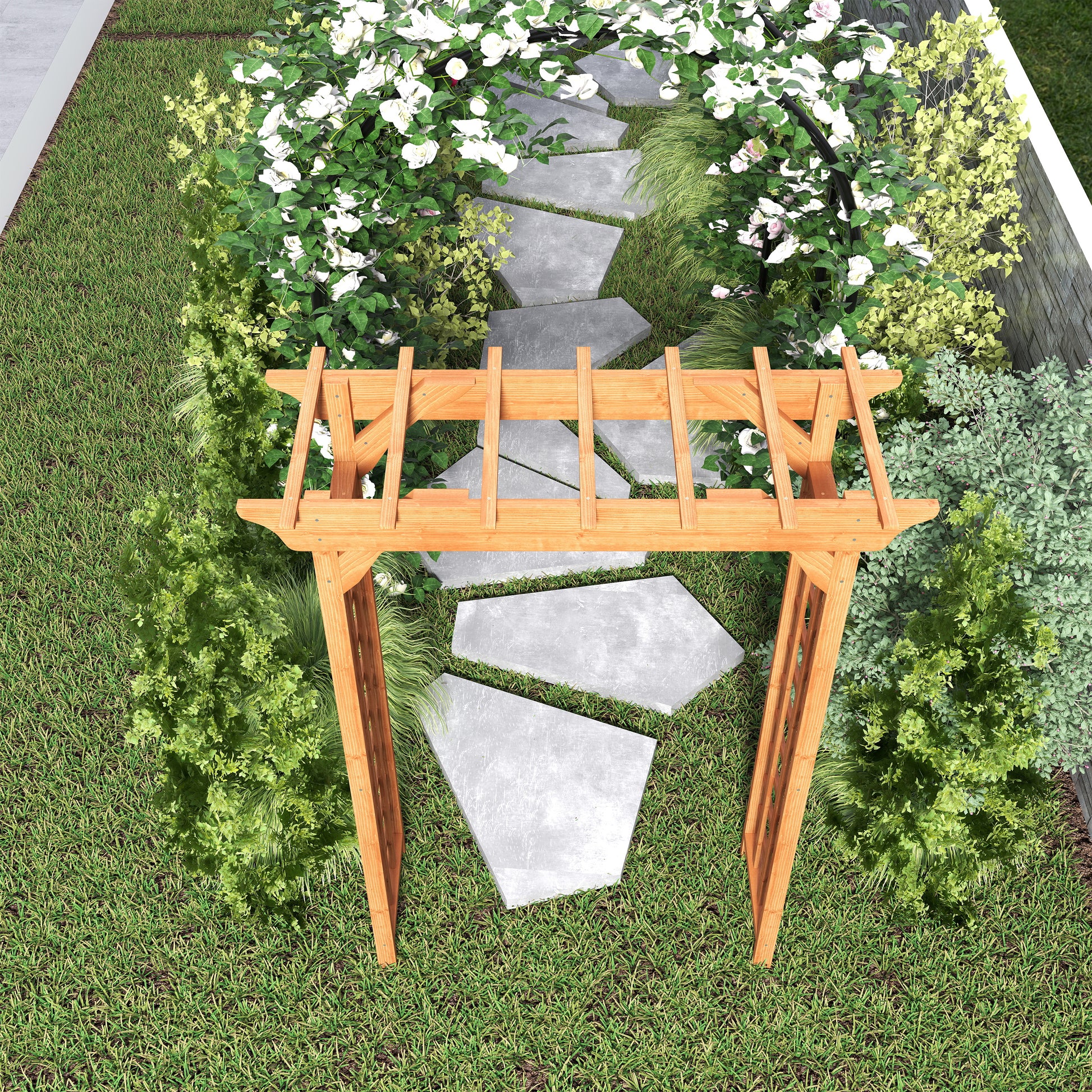 Wooden garden pergola arch with white roses and stone pathway