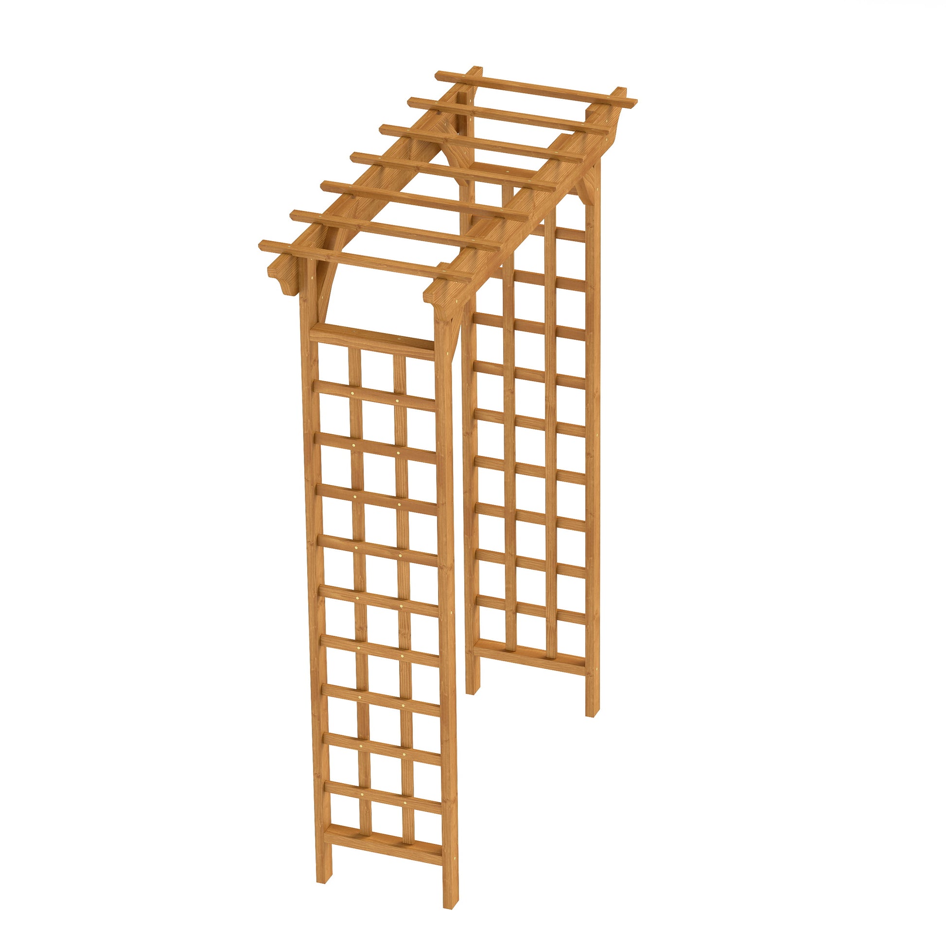 Wooden garden arch with latticed sides and a slatted top for climbing plants