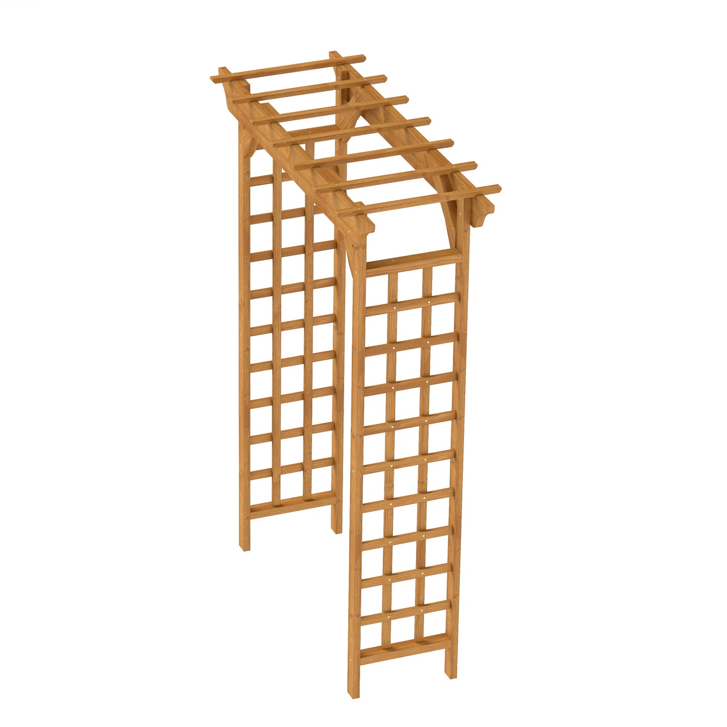 Wooden garden archway with lattice panels and slatted roof for climbing plants