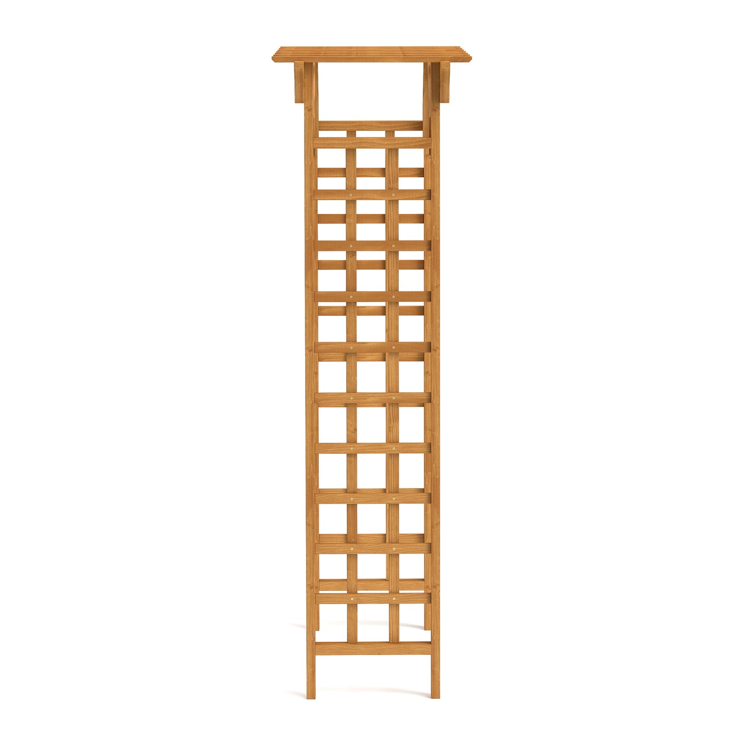 Tall wooden garden trellis with a lattice design and peaked roof