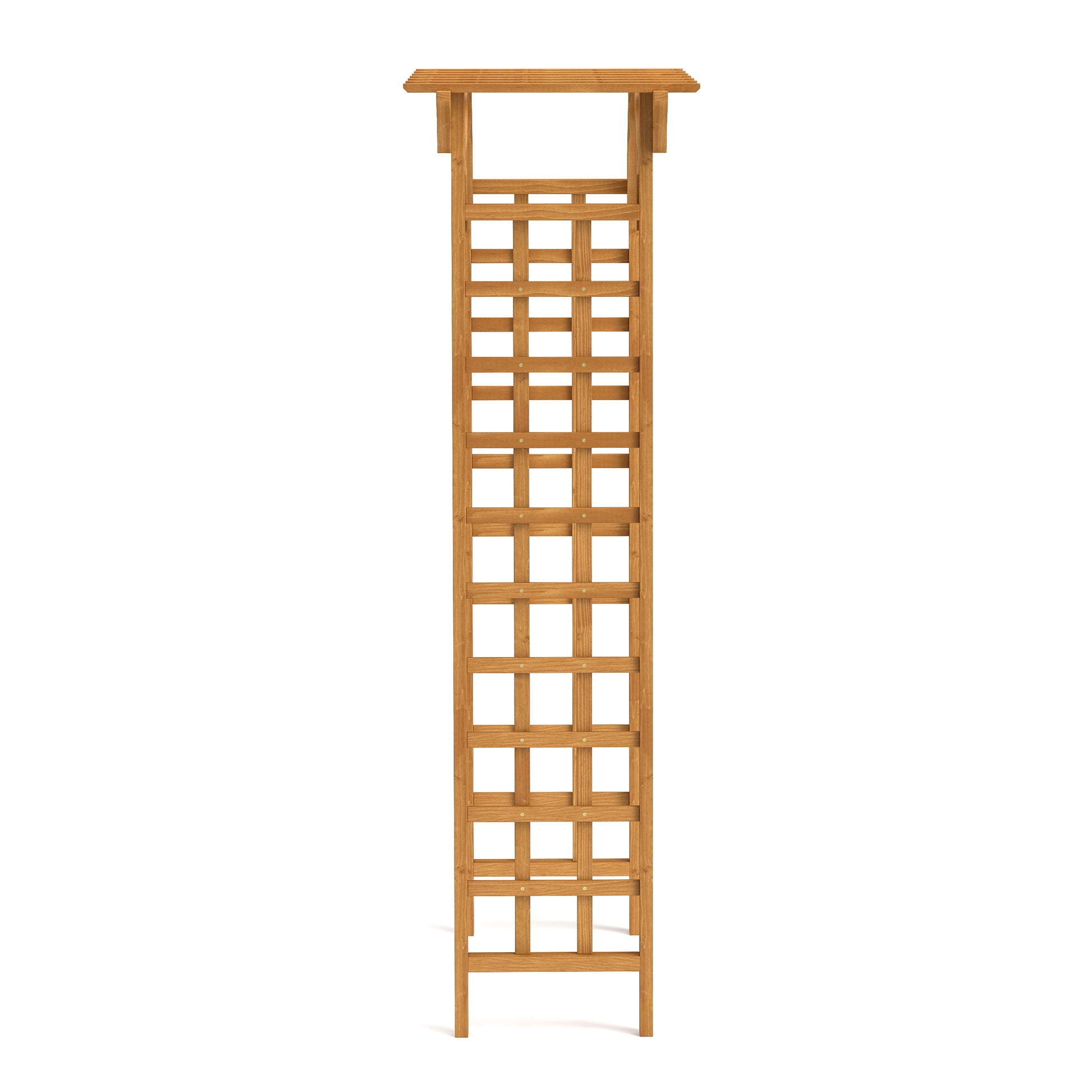 Tall wooden garden trellis with a lattice design and peaked roof