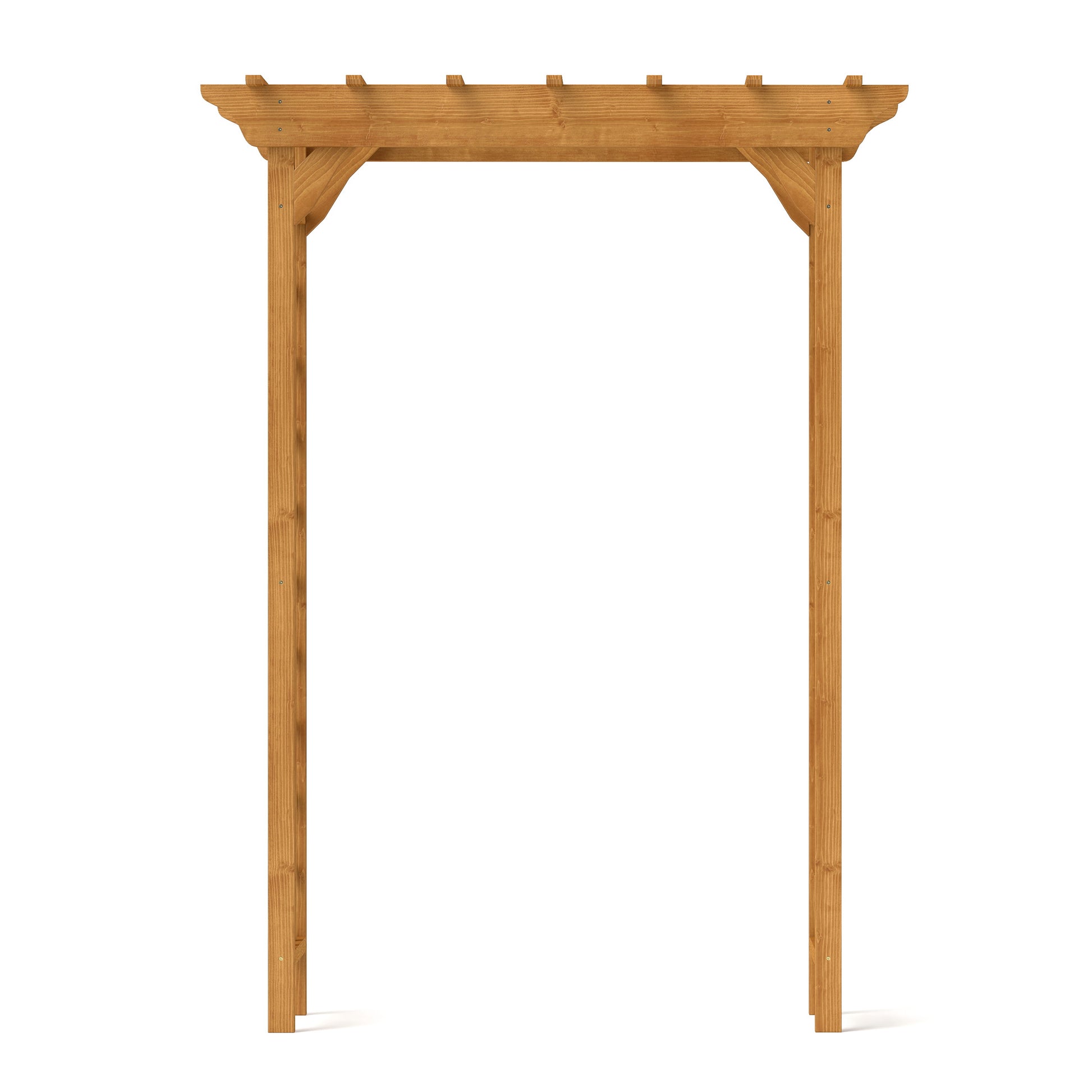 Wooden garden pergola with decorative top and sturdy posts for outdoor relaxation