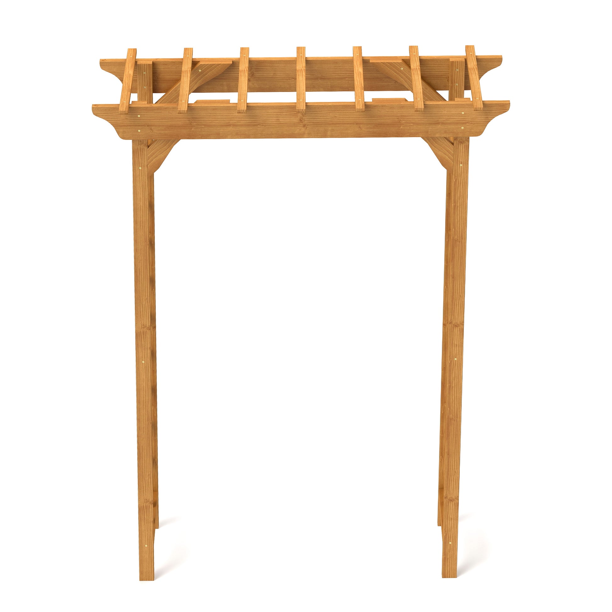 Natural wood garden pergola with a slatted roof for climbing plants