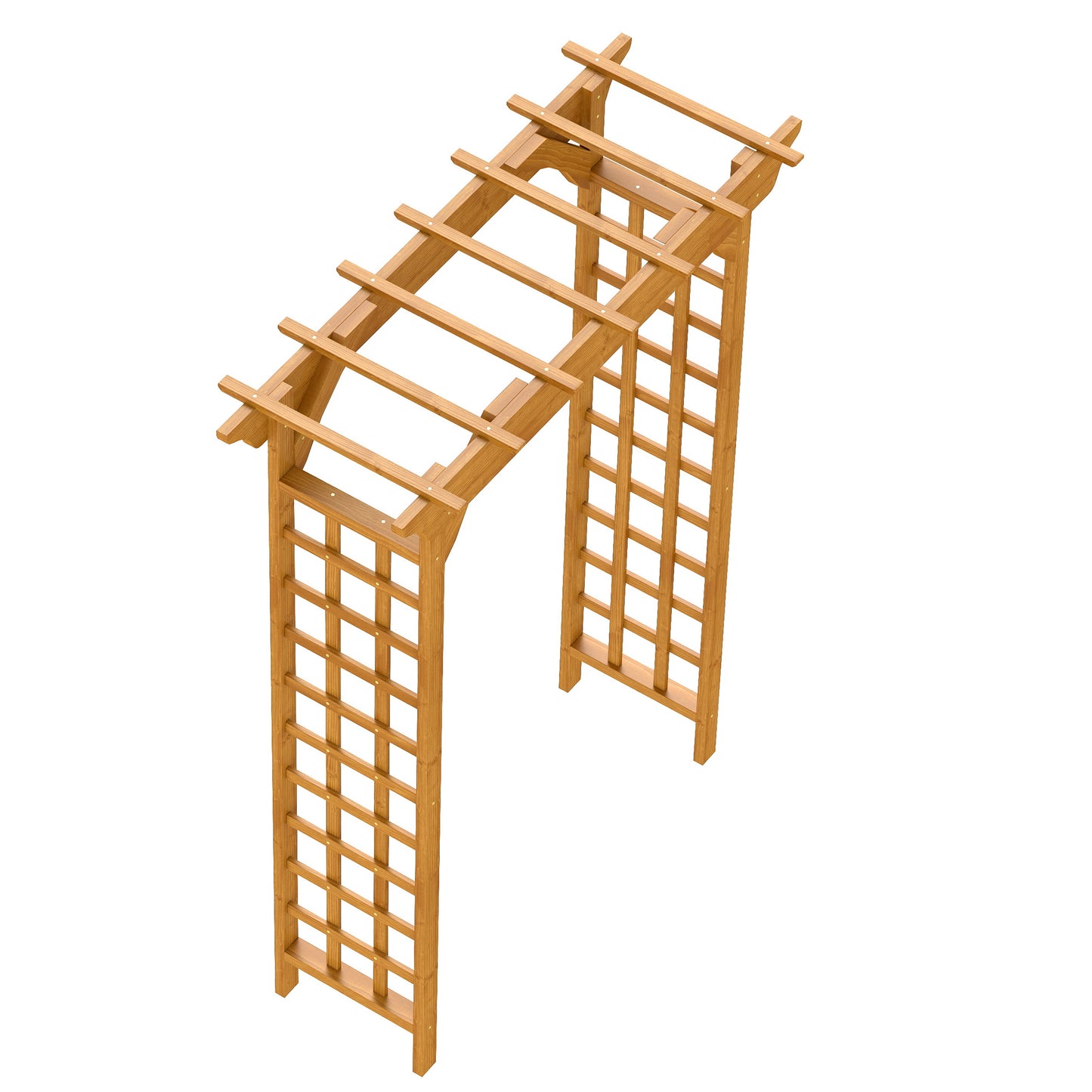 Wooden garden arbor with lattice sides and a slatted top for climbing plants