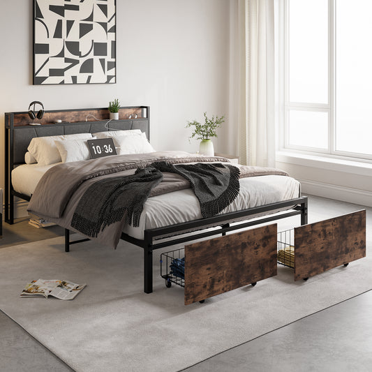 Industrial platform bed with grey upholstered headboard and builtin storage drawers
