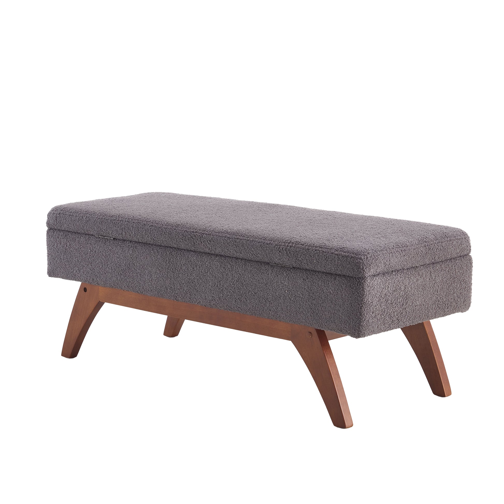 Gray textured fabric storage bench with angled wooden legs