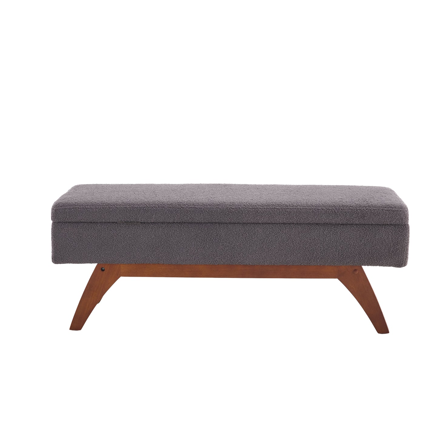 Gray boucle fabric storage ottoman with angled wood legs for entryway seating
