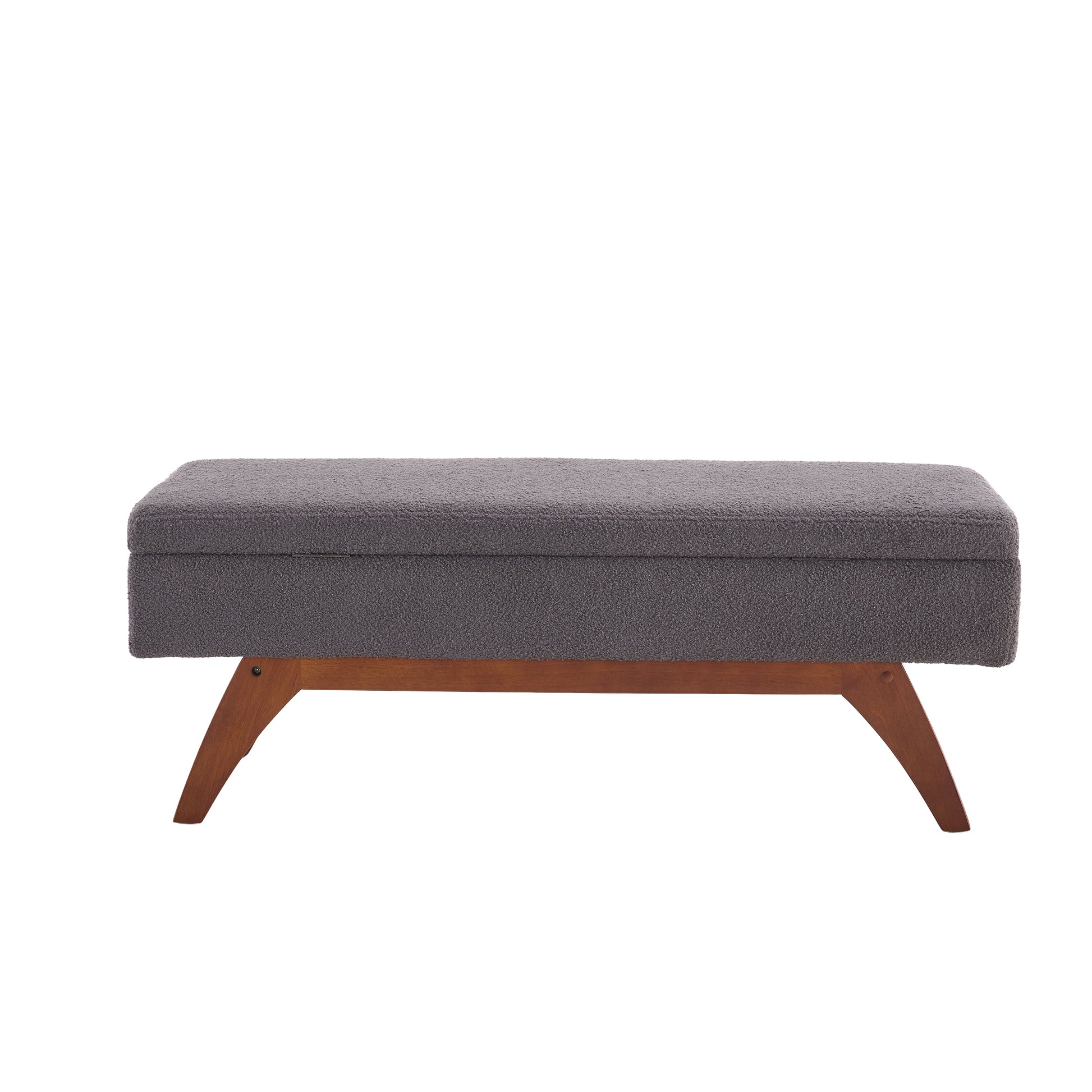 Gray boucle fabric storage ottoman with angled wood legs for entryway seating