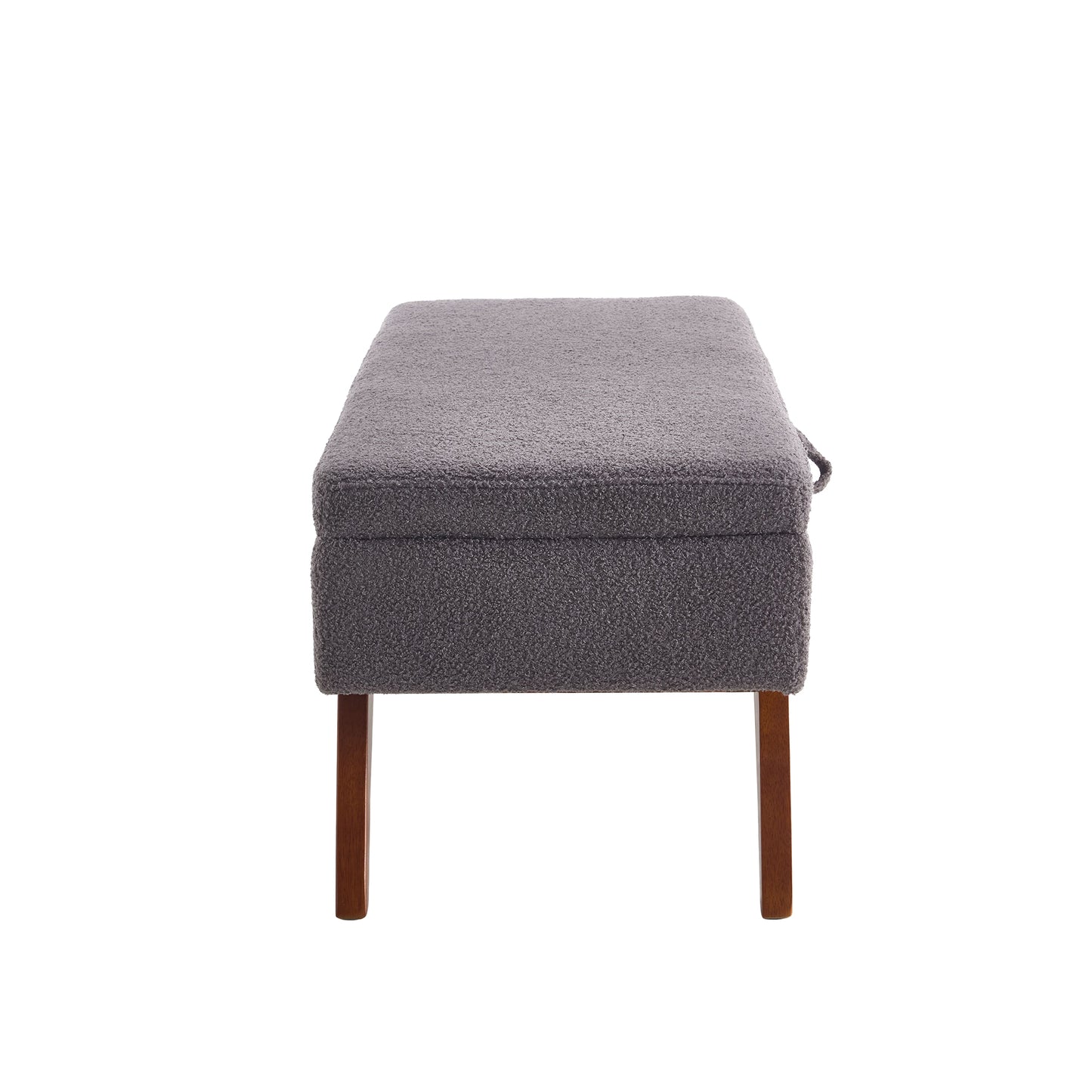 Gray boucle storage bench with wooden legs perfect for entryways