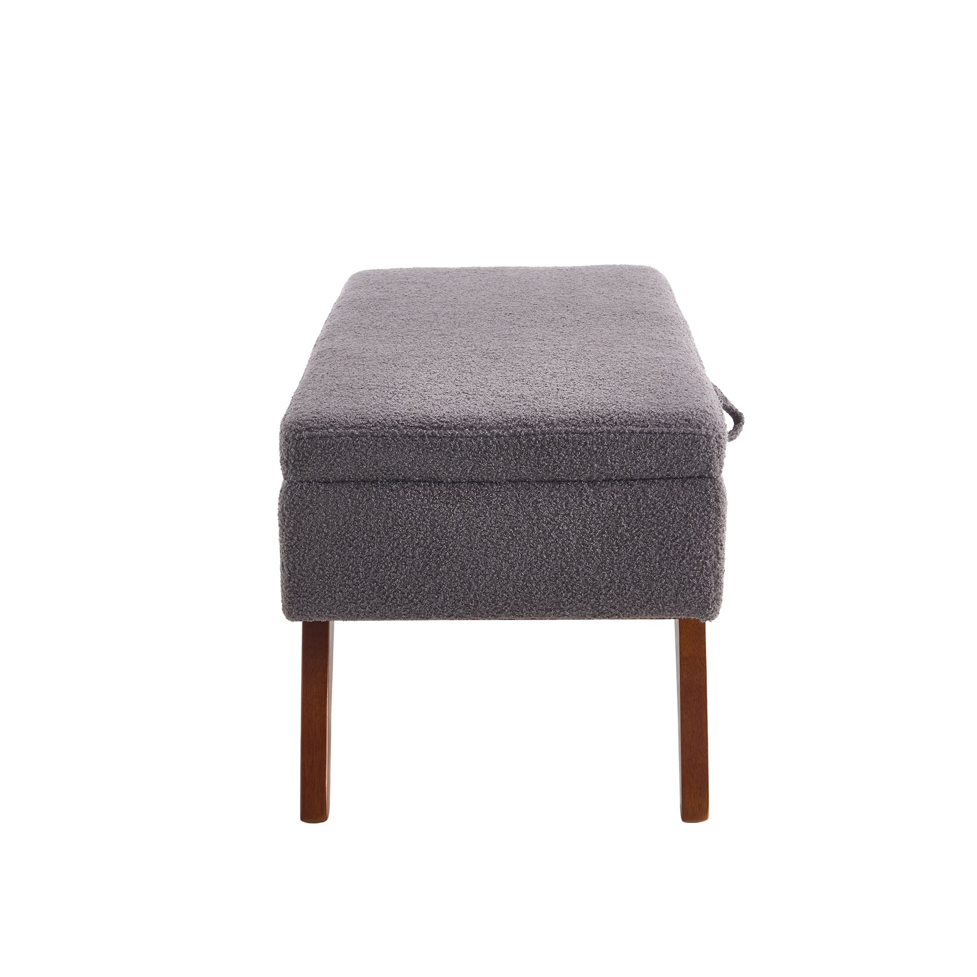 Gray boucle storage bench with wooden legs perfect for entryways