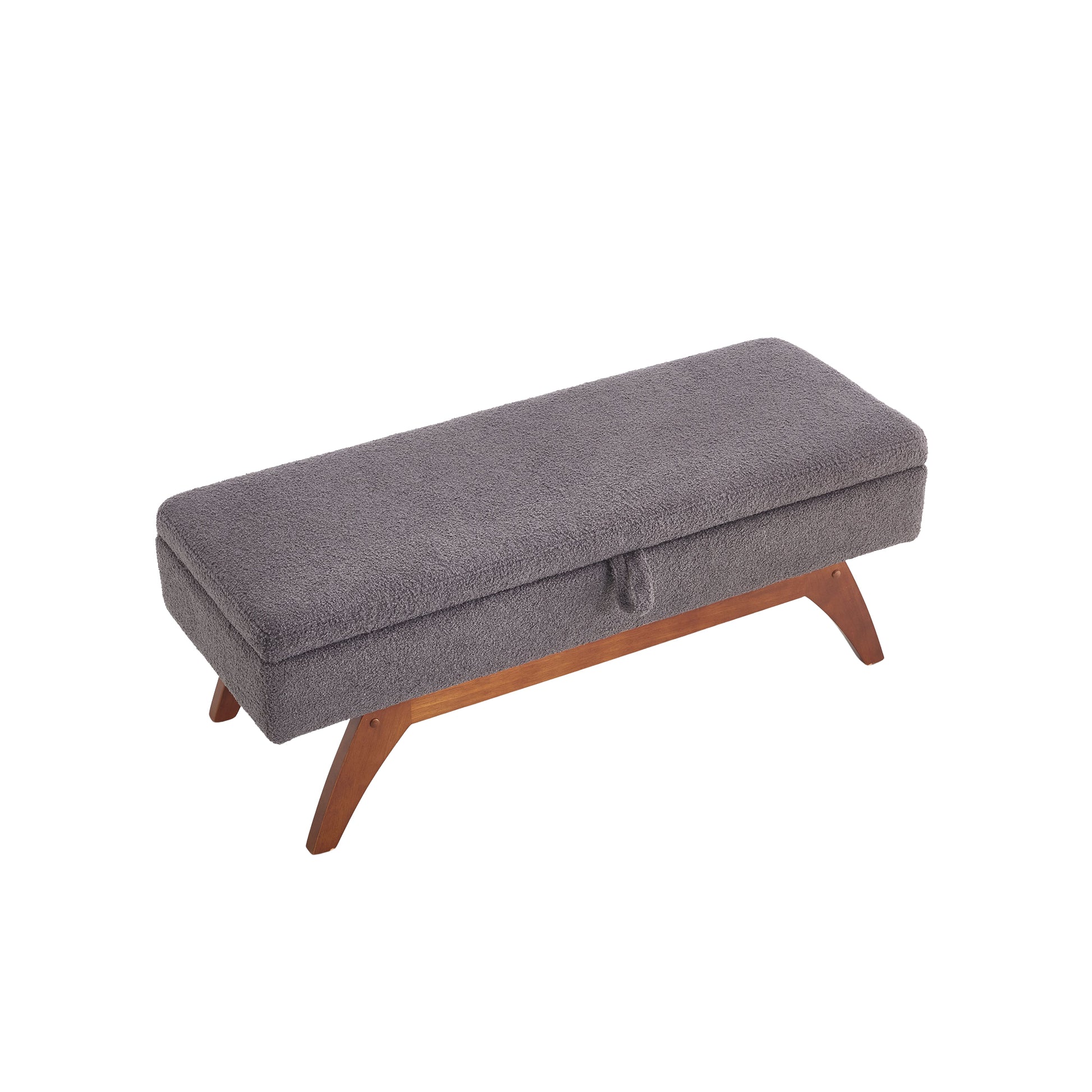 Gray fabric storage ottoman with wooden legs perfect for entryway benches