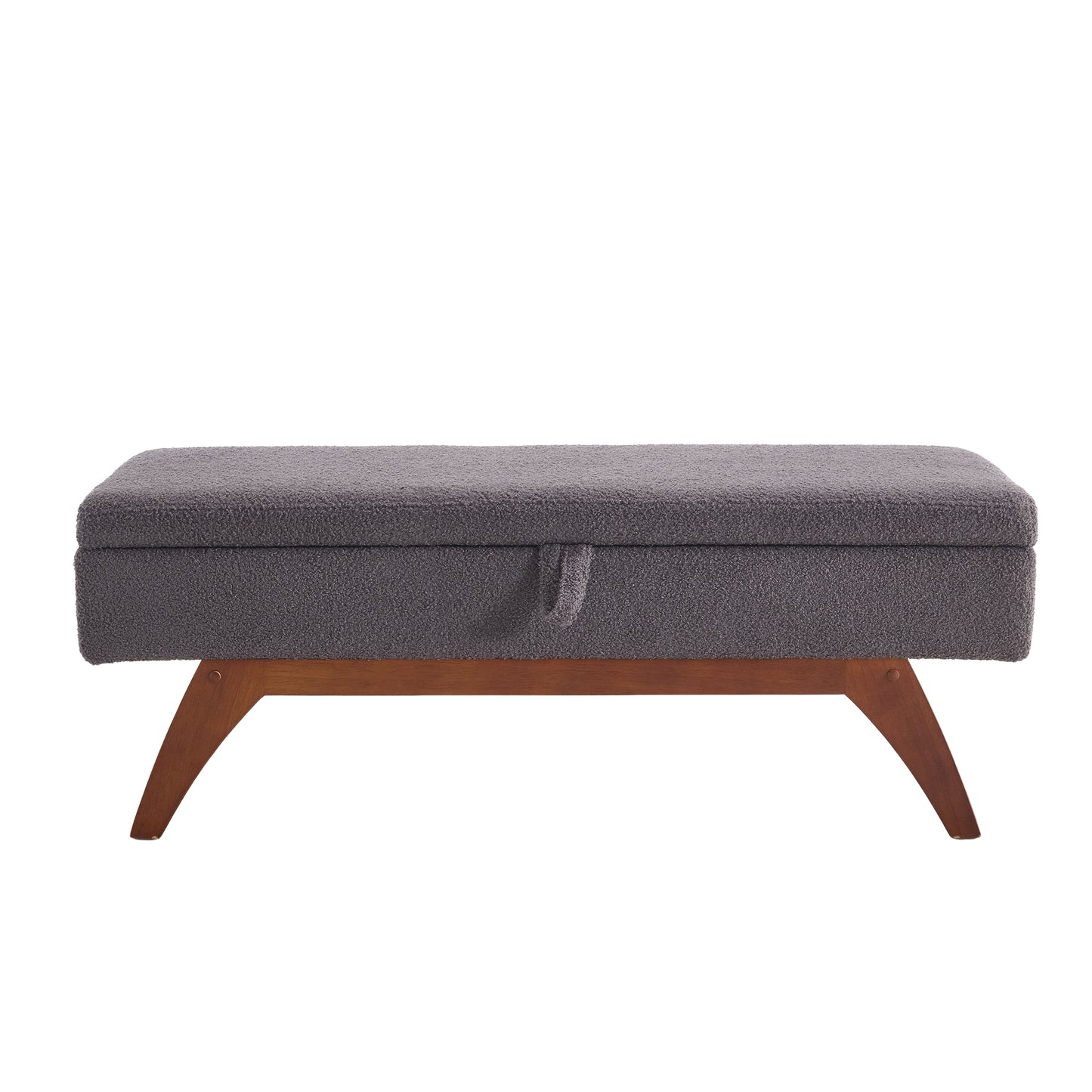 Dark gray boucle storage ottoman with slanted wooden legs