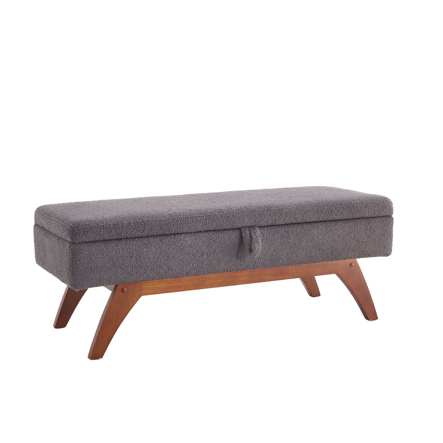 Gray boucle storage bench with midcentury modern wood legs