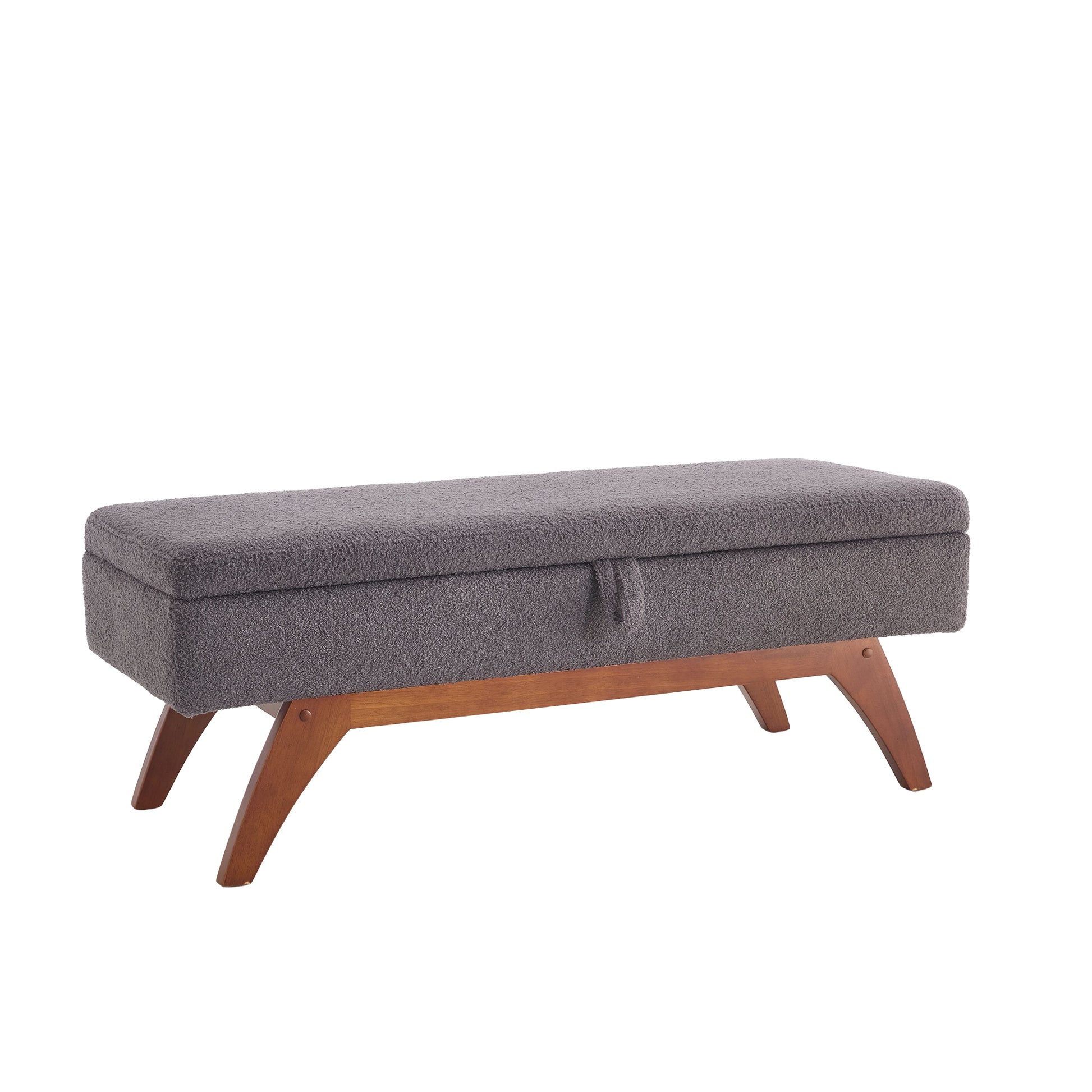 Gray boucle storage bench with midcentury modern wood legs