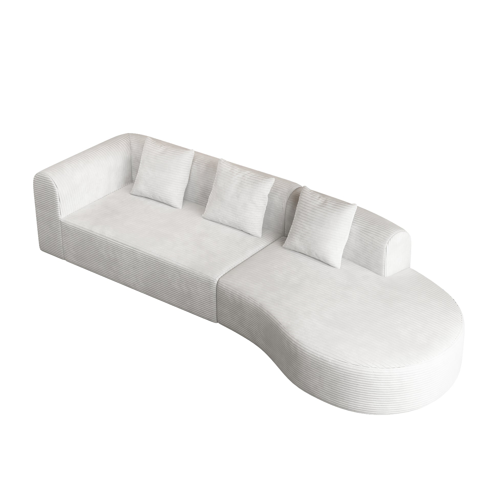 White corduroy sectional sofa with curved chaise and four throw pillows