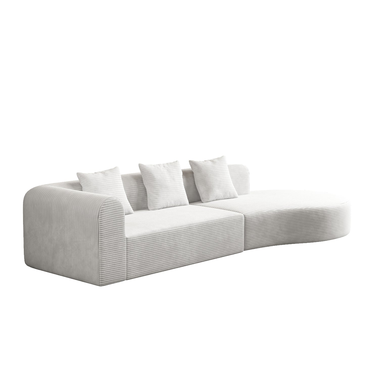 Textured light gray corduroy sectional sofa with rounded arms and three white throw pillows