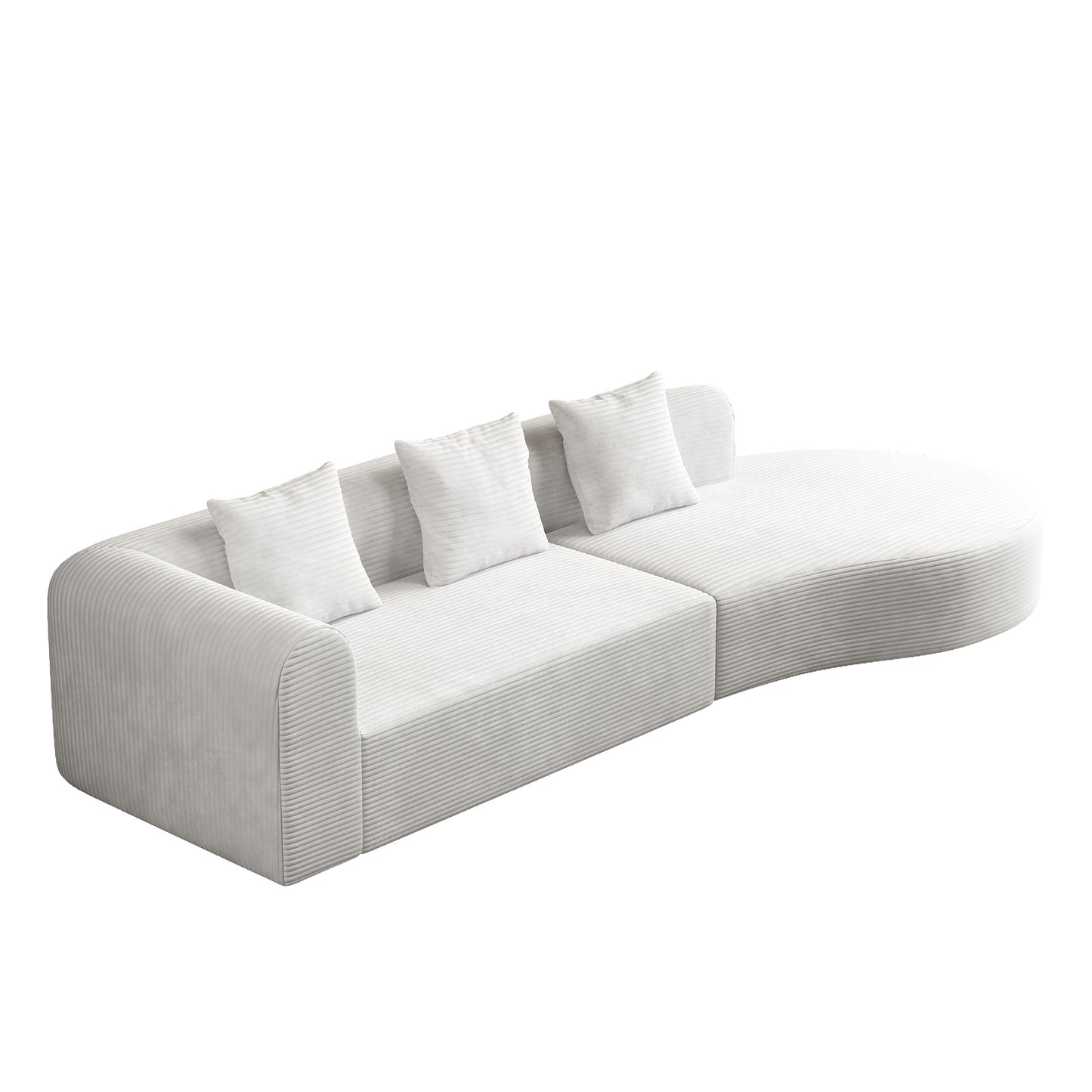 Modern curved sectional sofa in light grey corduroy with plush white accent pillows