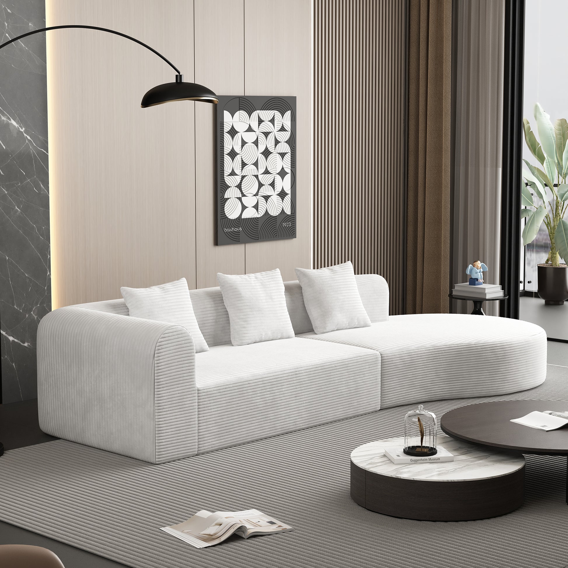 Modern modular white corduroy sectional sofa with plush cushions perfect for living rooms