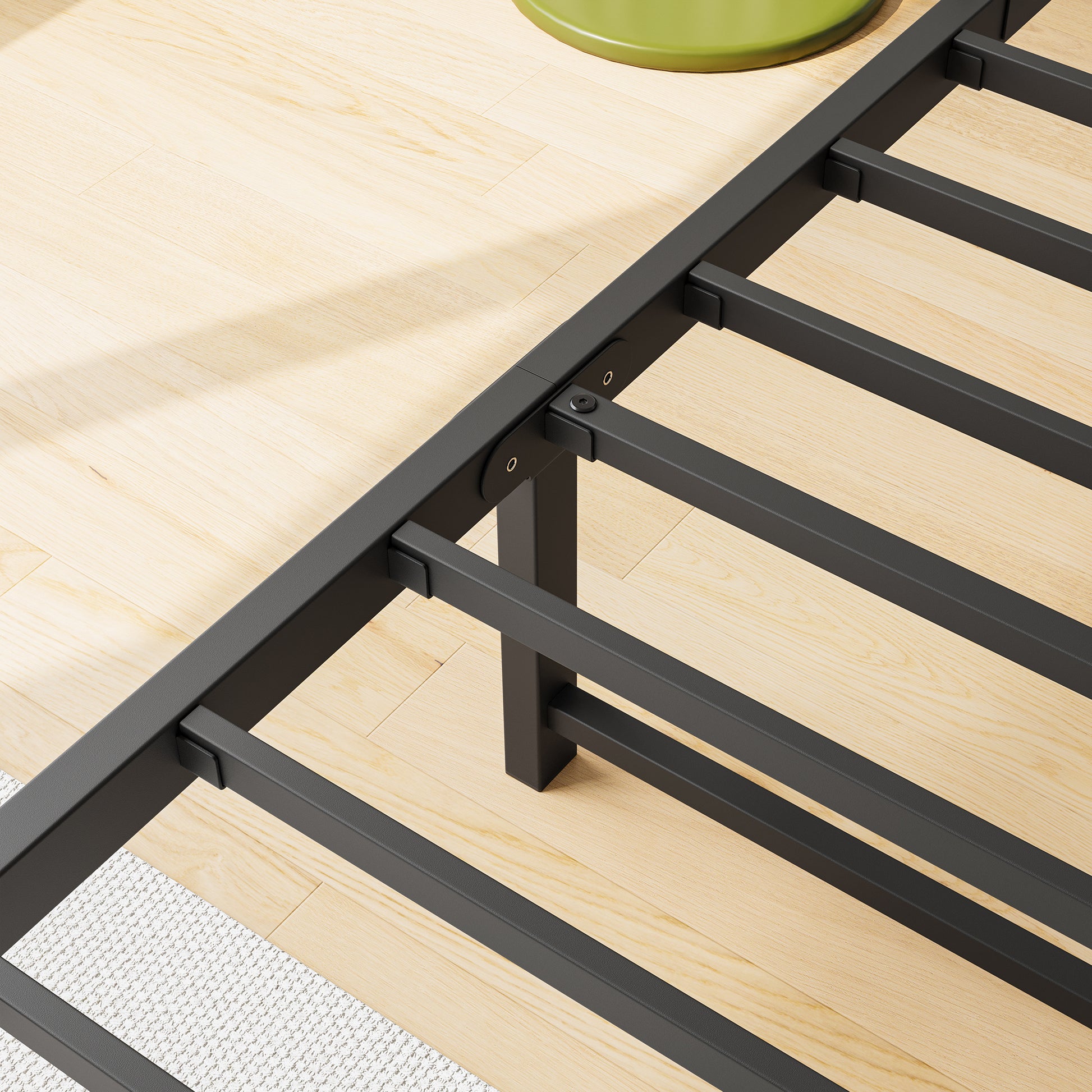 Black metal bed frame with sturdy slats and reinforced legs