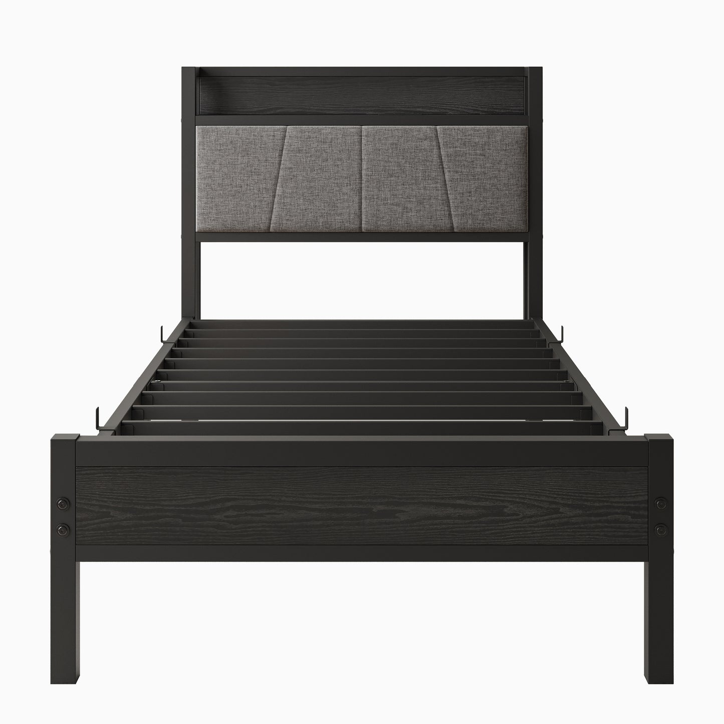 Dark wood and upholstered modern bed frame with metal slats