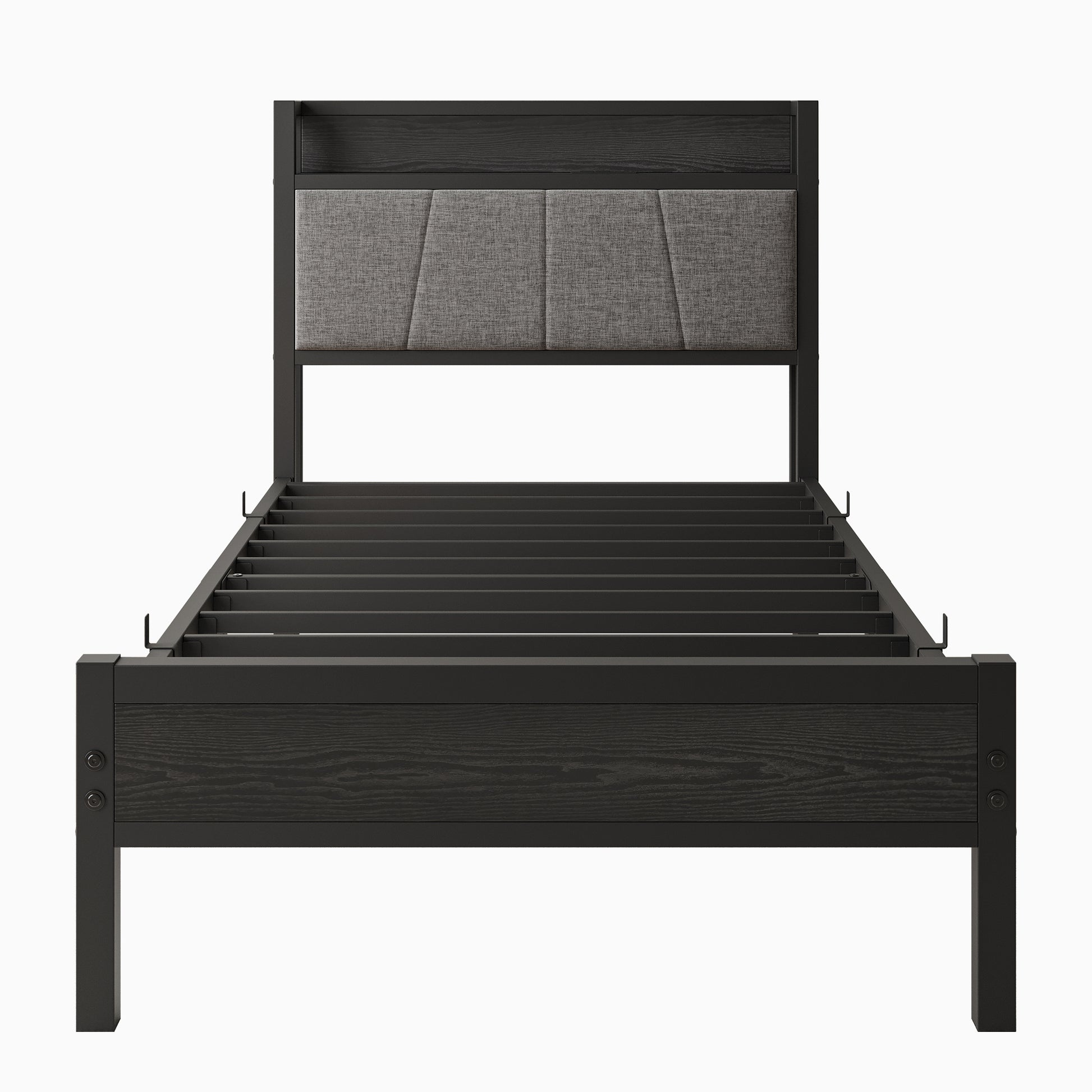 Dark wood and upholstered modern bed frame with metal slats