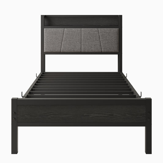 Dark wood and upholstered modern bed frame with metal slats