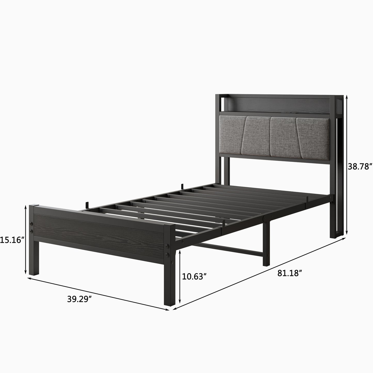 Black metal twin bed frame with upholstered grey headboard