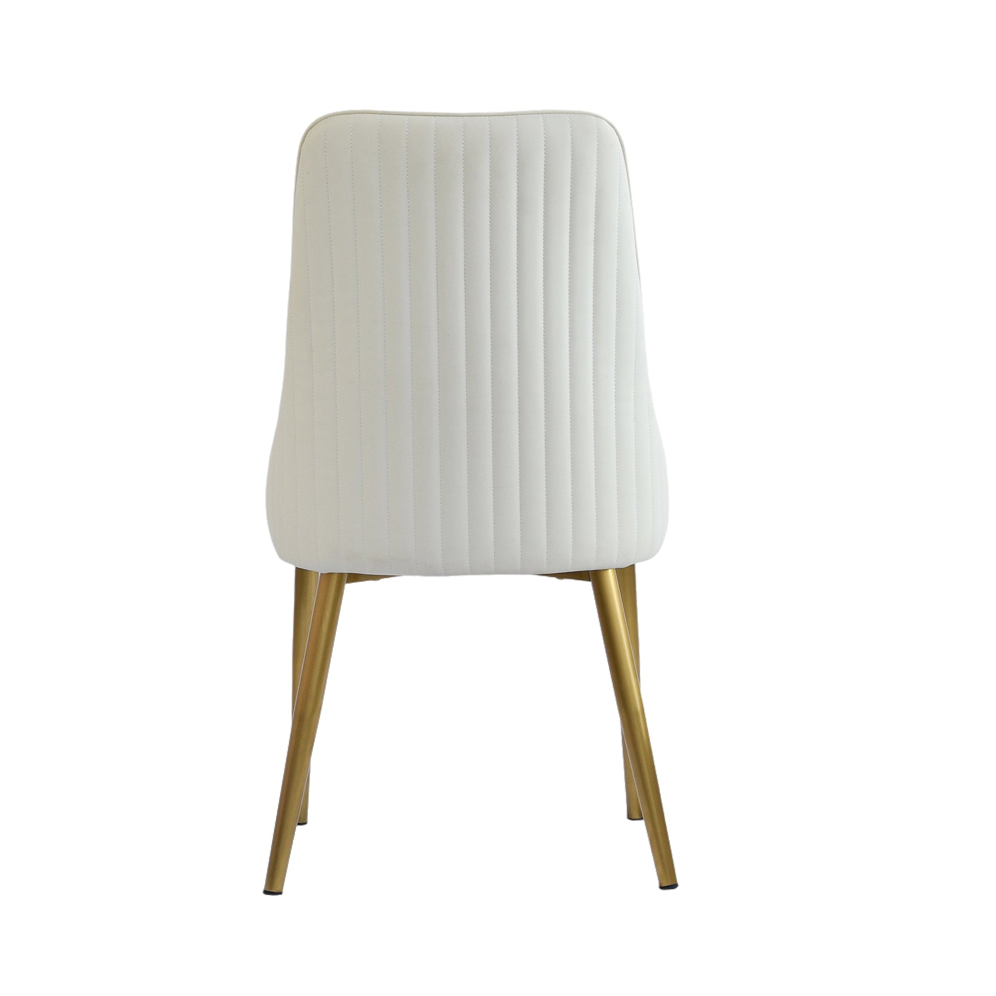White padded dining chair with stitched detail and gold metal legs