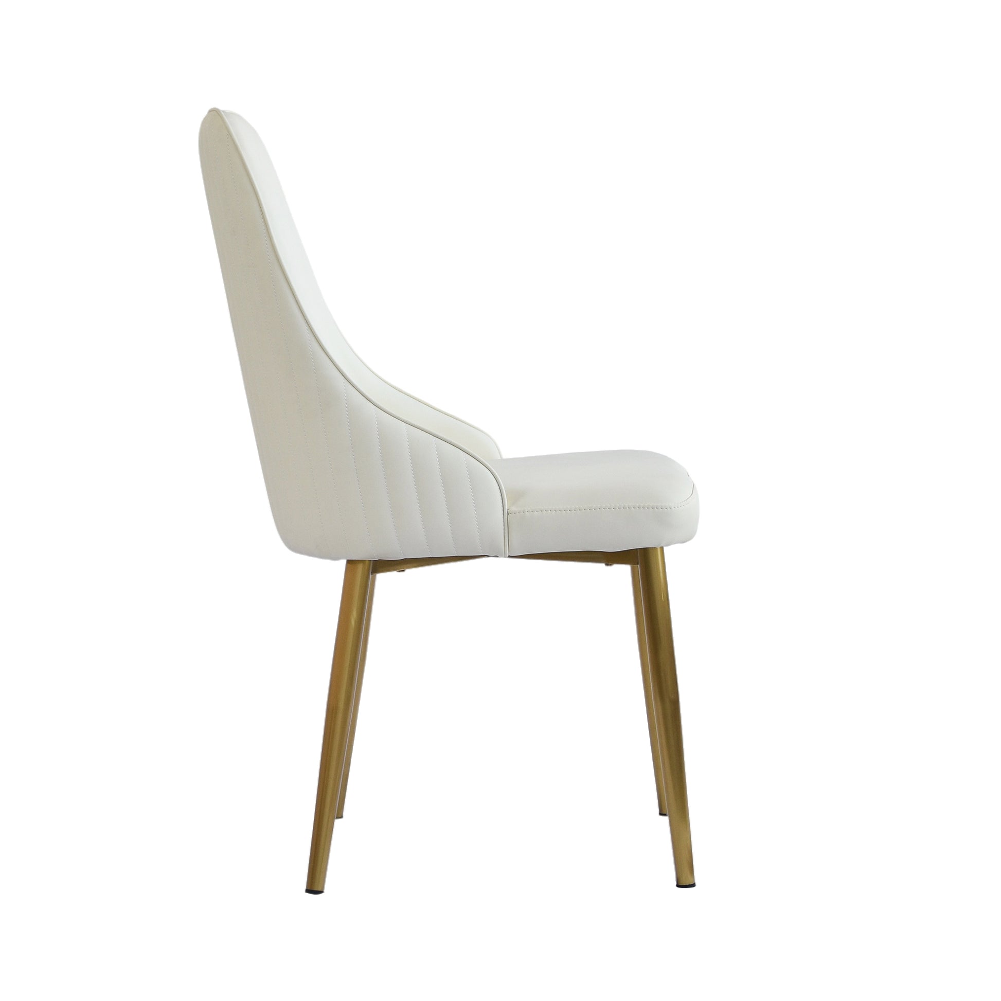 Elegant white upholstered accent chair with stitched detailing and gold metal legs