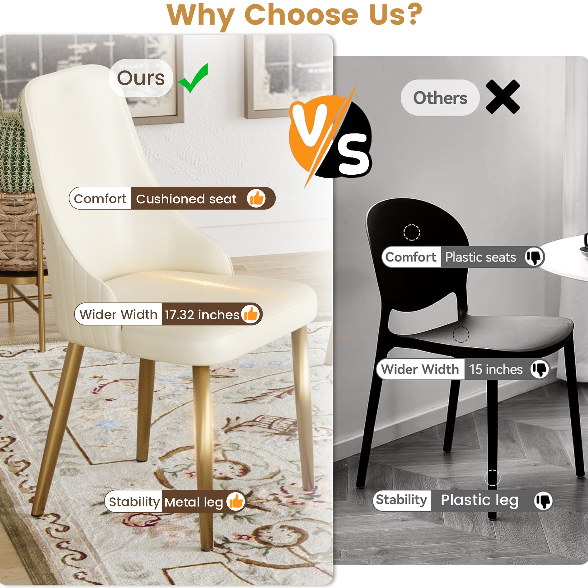 Cream upholstered dining chair with gold metal legs featuring a cushioned seat and wider width