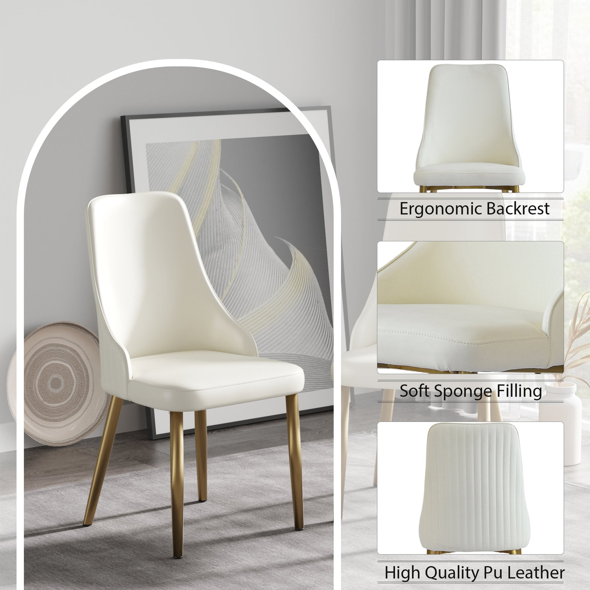Cream upholstered dining chair with gold metal legs and ergonomic backrest