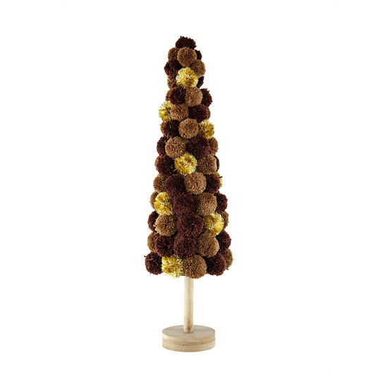 Brown and gold pom pom Christmas tree decoration with wooden base