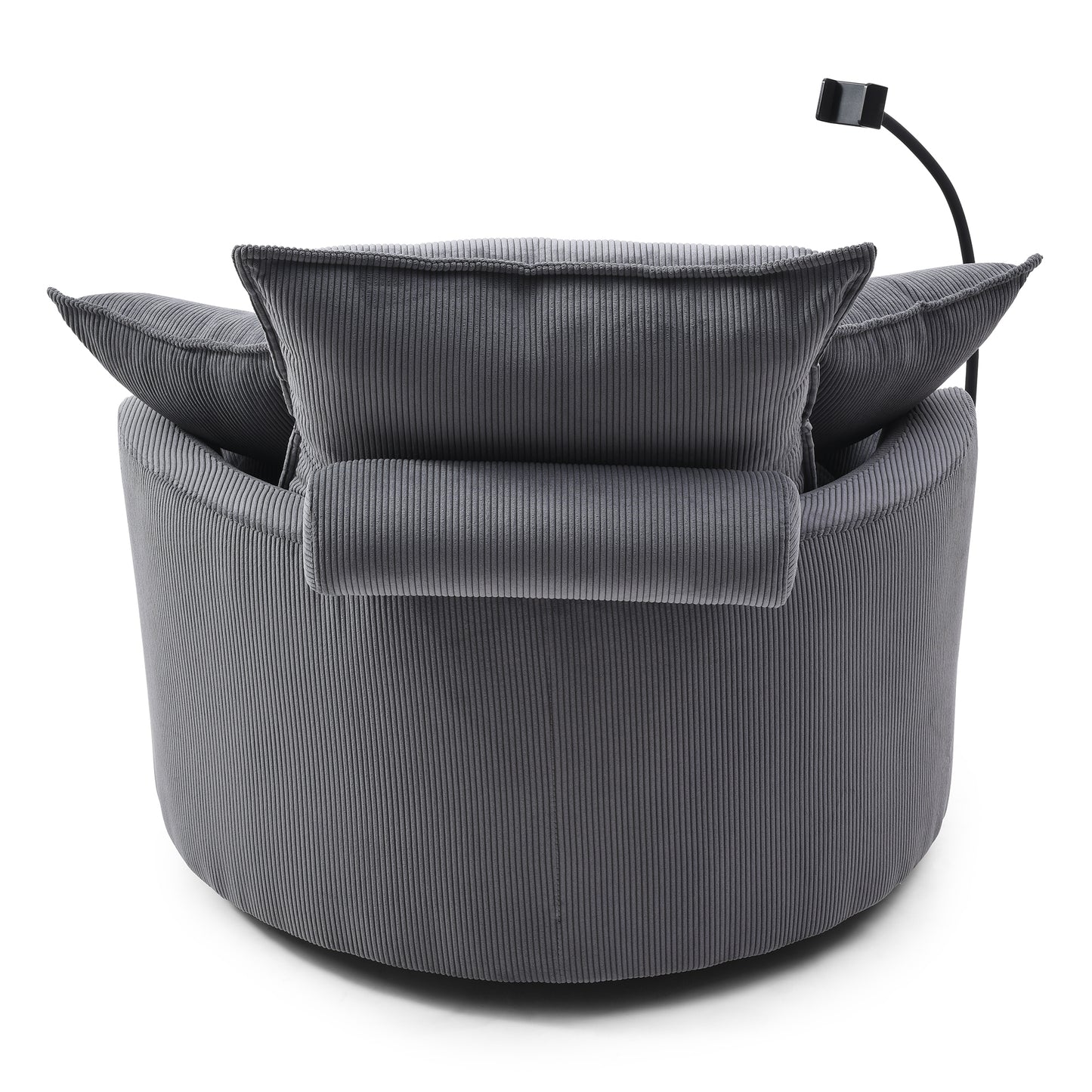 Dark grey corduroy swivel chair with plush cushions and adjustable reading light