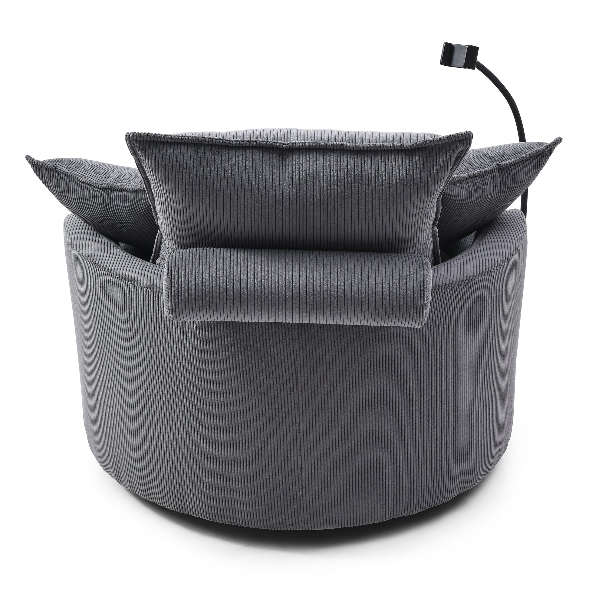 Dark grey corduroy swivel chair with plush cushions and adjustable reading light