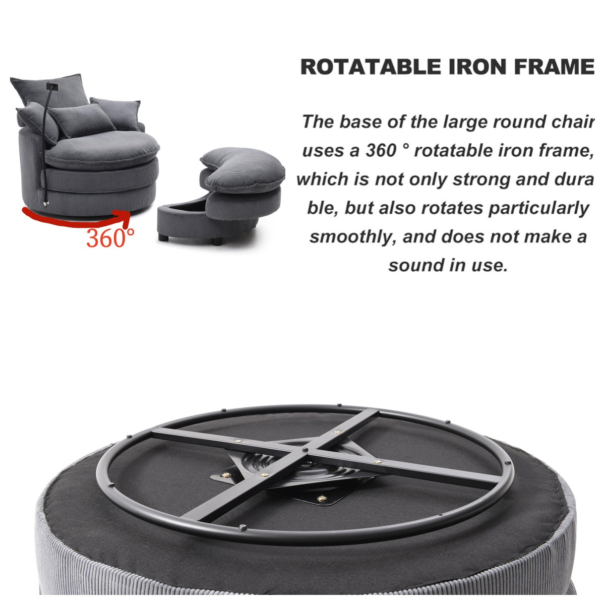 Gray corduroy swivel accent chair with ottoman featuring a degree iron frame