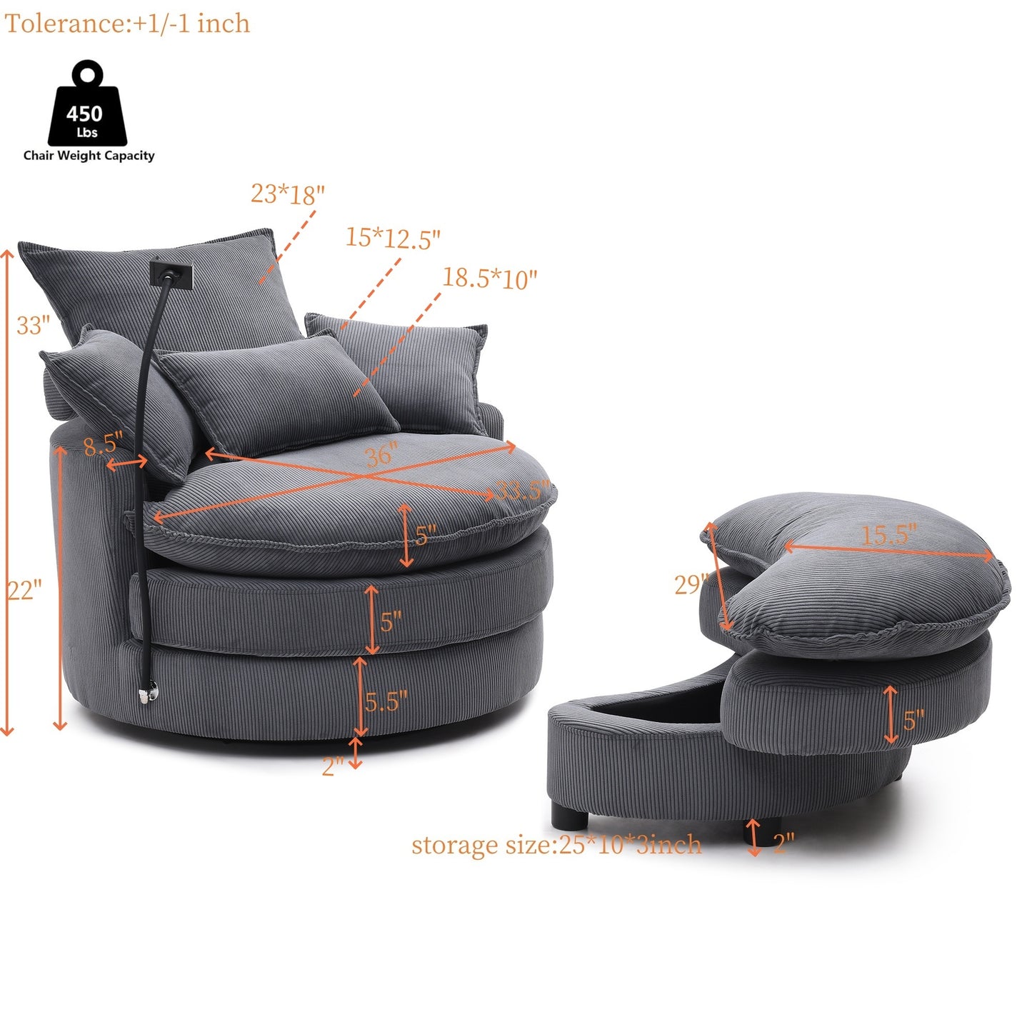 Dark grey corduroy accent chair with plush cushions and builtin ottoman storage