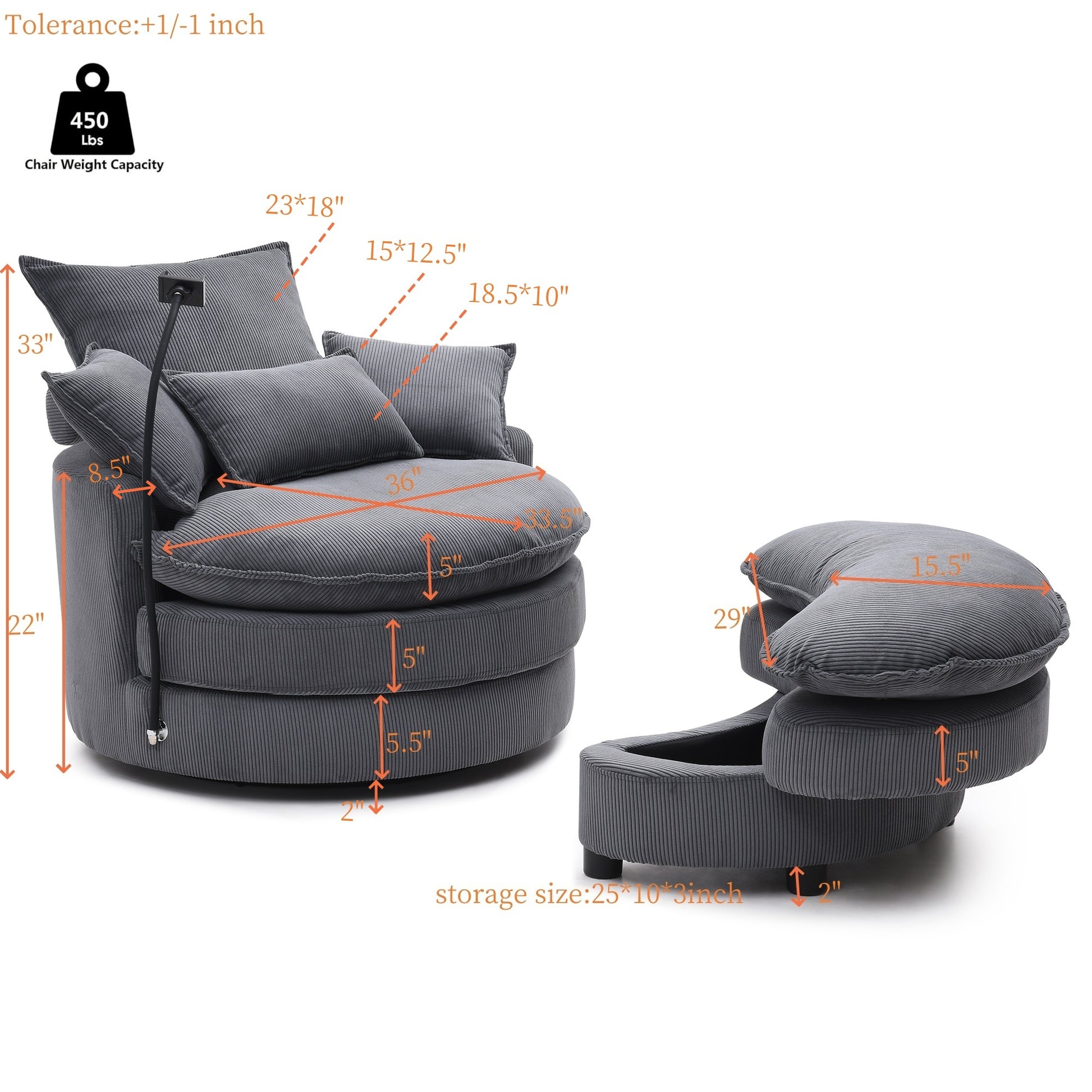 Dark grey corduroy accent chair with plush cushions and builtin ottoman storage