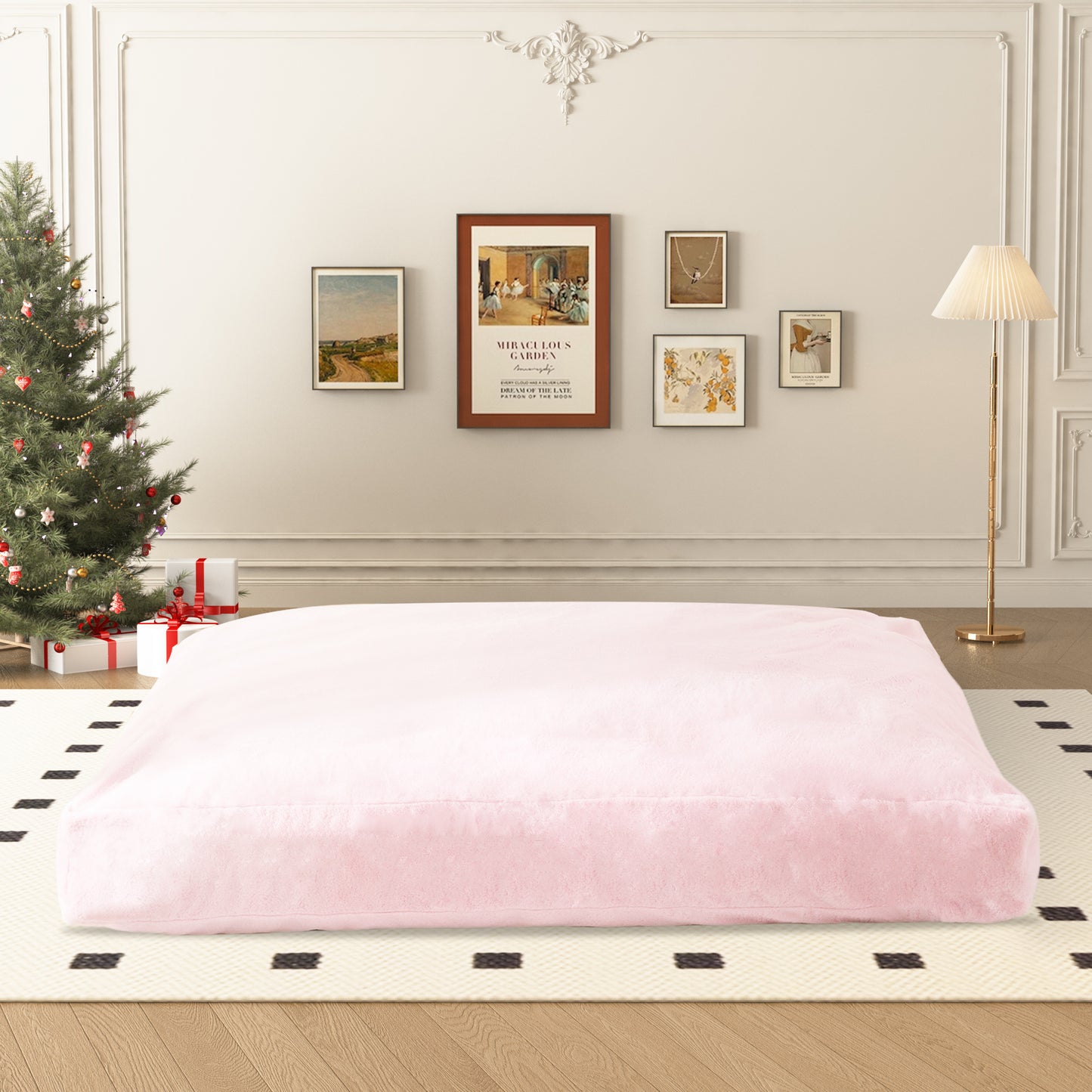 Plush pink floor cushion soft velvet fabric oversized bean bag for casual seating