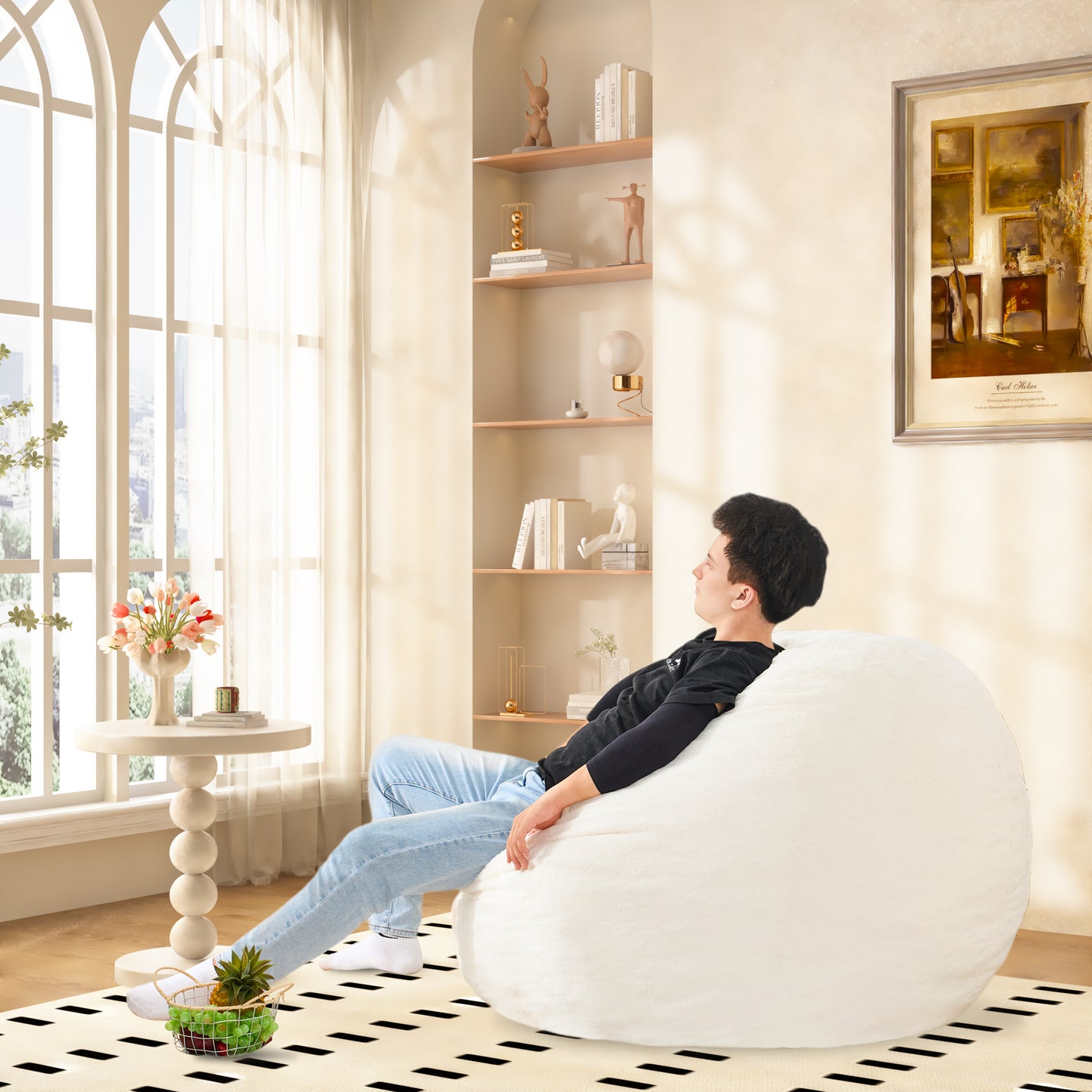 Plush white faux fur bean bag chair oversized and comfortable seating solution